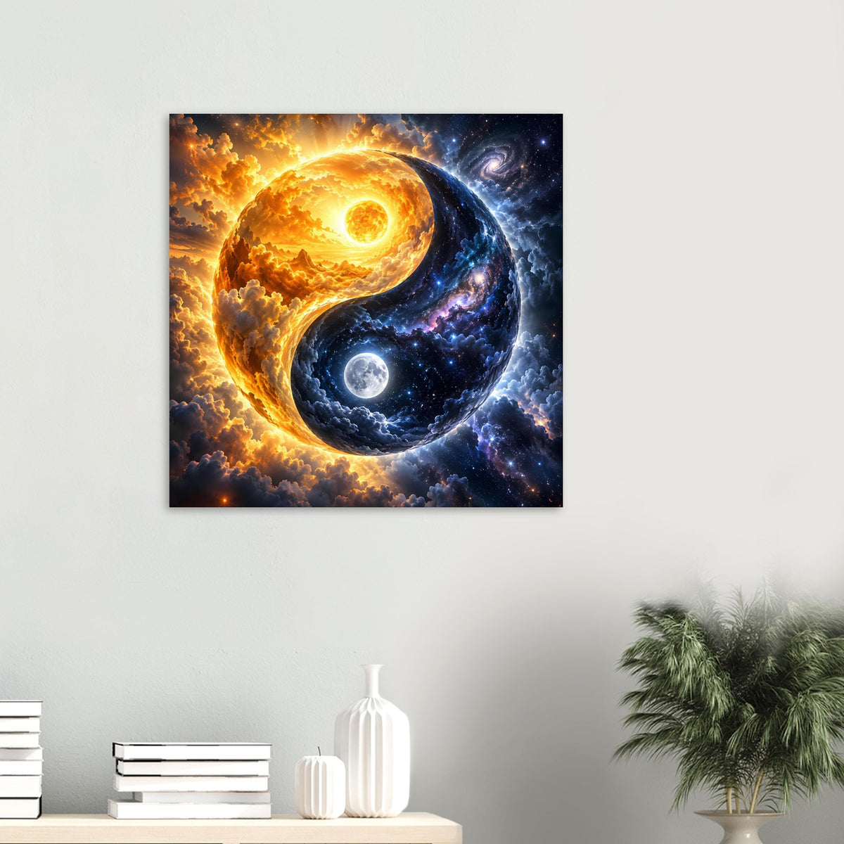 Gerahmter Artprint mit Yin-Yang Kosmosmotiv: goldene Sonne gegen blauen Mond