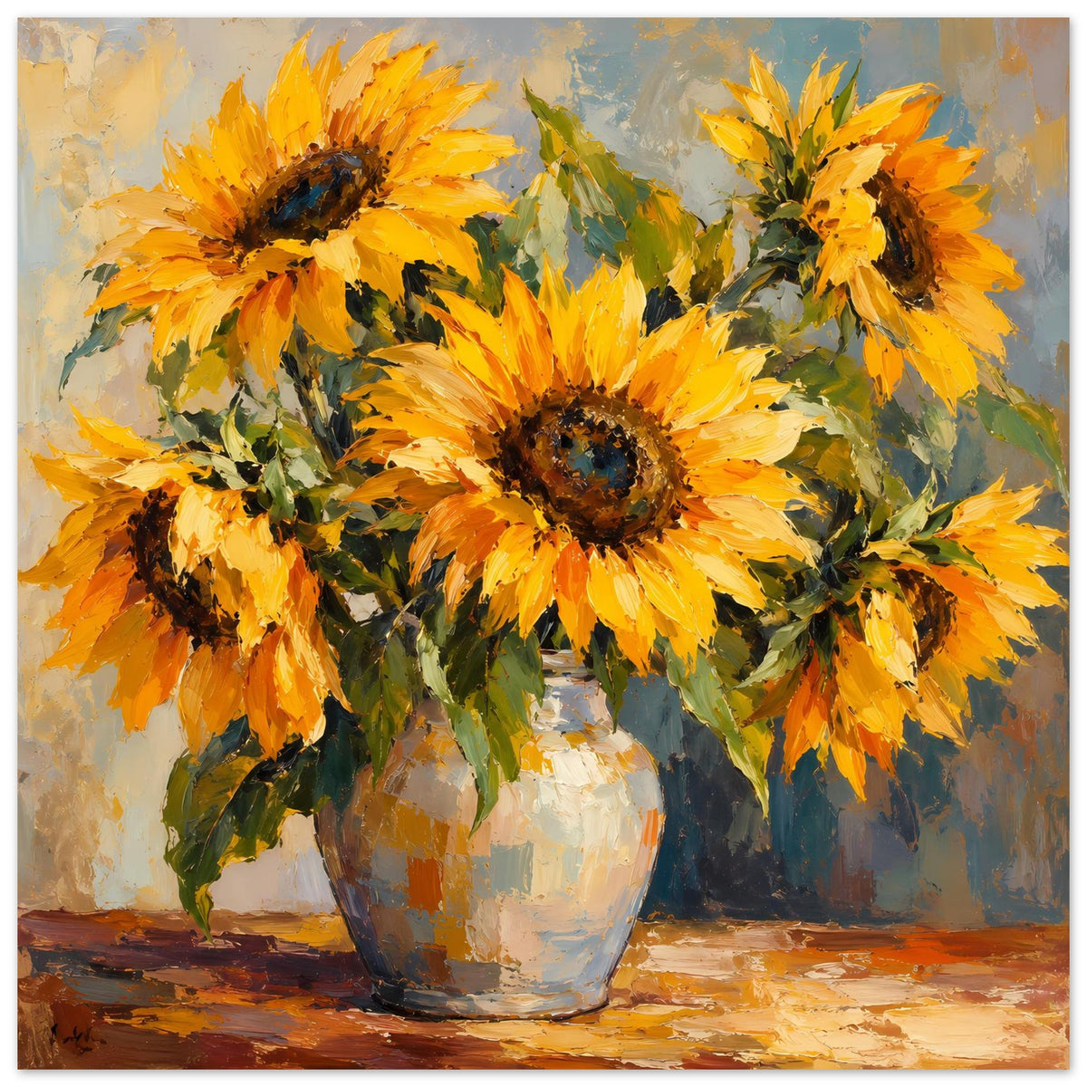 Stillleben-Poster mit gelben Sonnenblumen in Vase, großformatige Darstellung mit kräftigen Farbübergängen