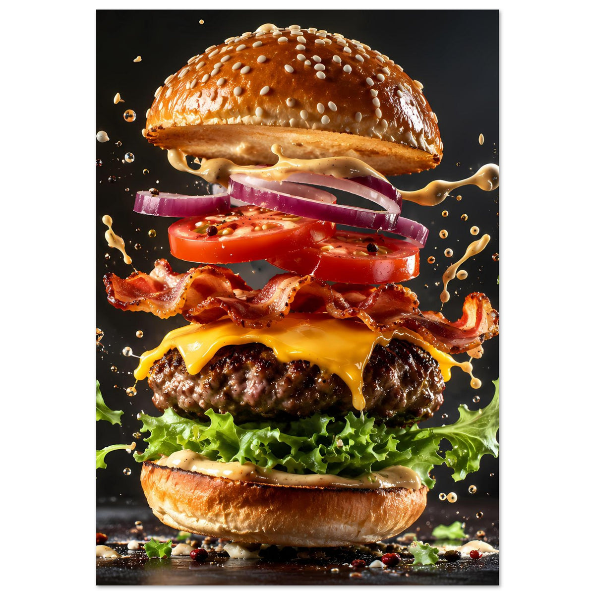 Buntes Poster: Burger mit sesamigem Brötchen, fließendem Käse und spritzender Soße.