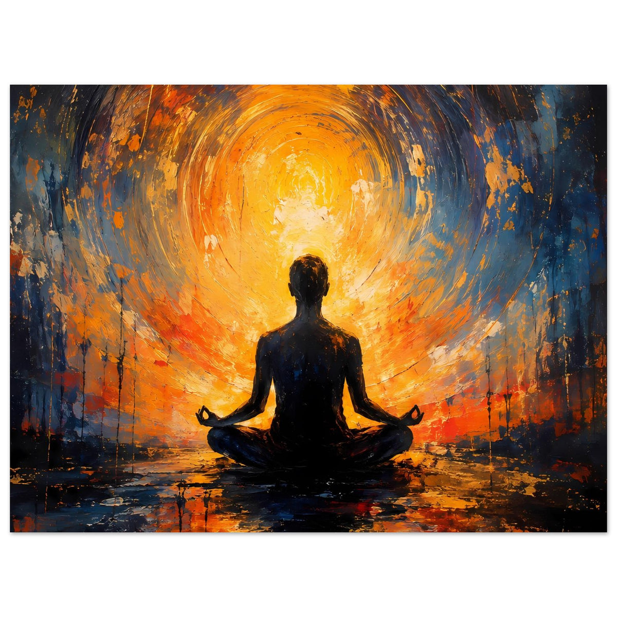 Abstraktes Poster: Meditationsfigur in dunkler Silhouette, orangeblauer Lichtkranz über dem Boden