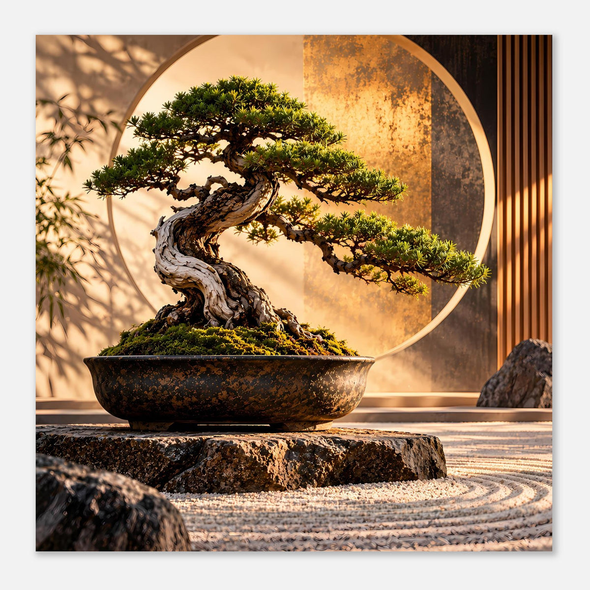 Poster klein an der Wand: Bonsai in dunkler Schale, kreisförmiges Dekor im Hintergrund