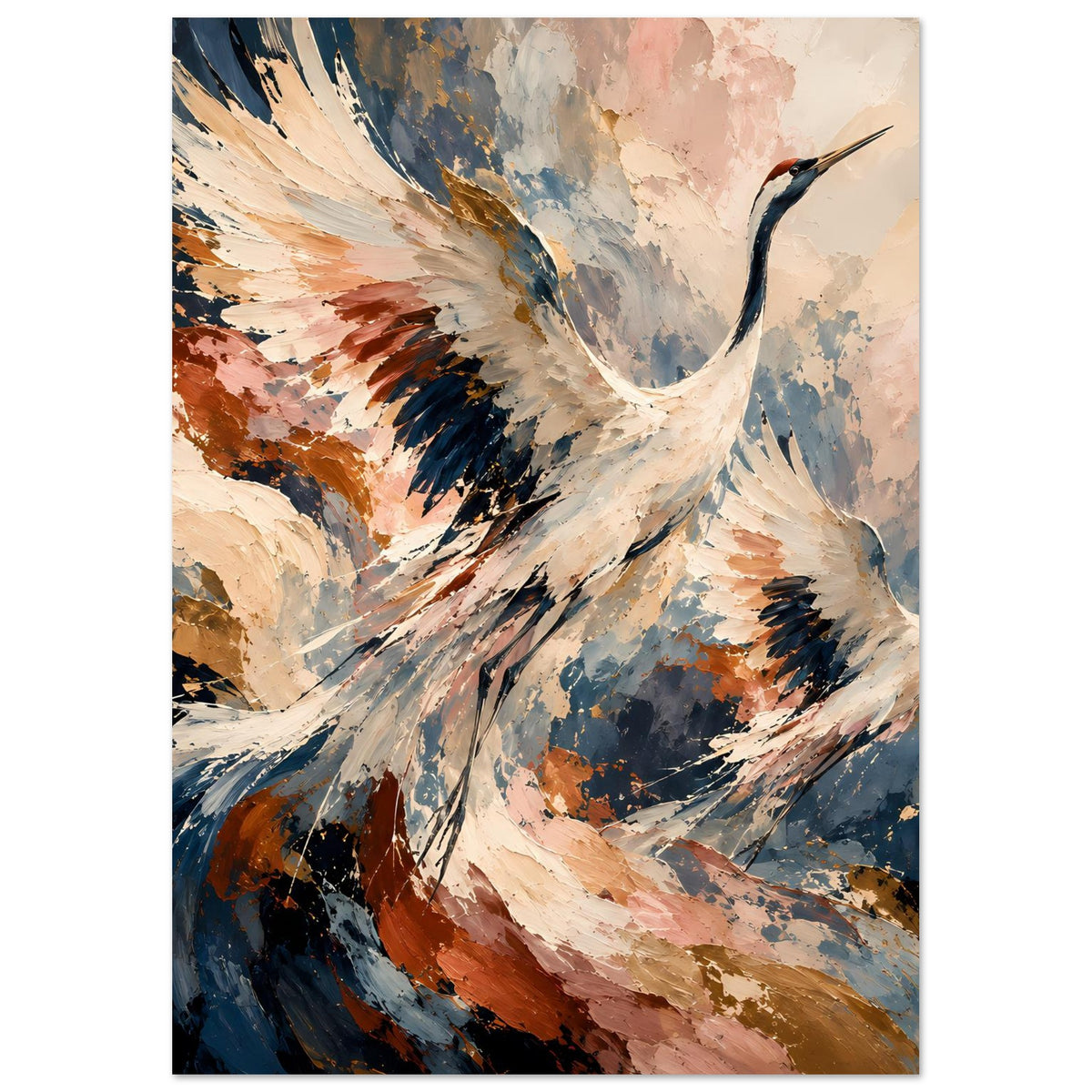 Poster mit fliegendem Kranich, große Flügel in pastelligen Blau- und Erdtönen