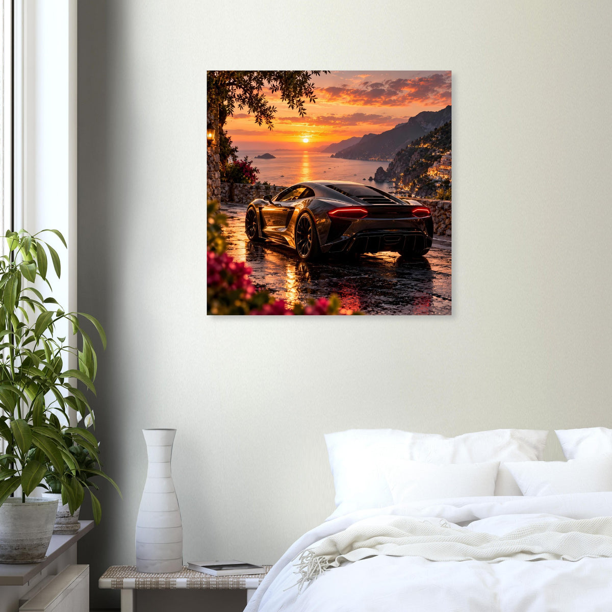 Kunstdruck Poster mit goldenem Sportwagen auf Straße am Sonnenuntergang, quadratischer Rahmen