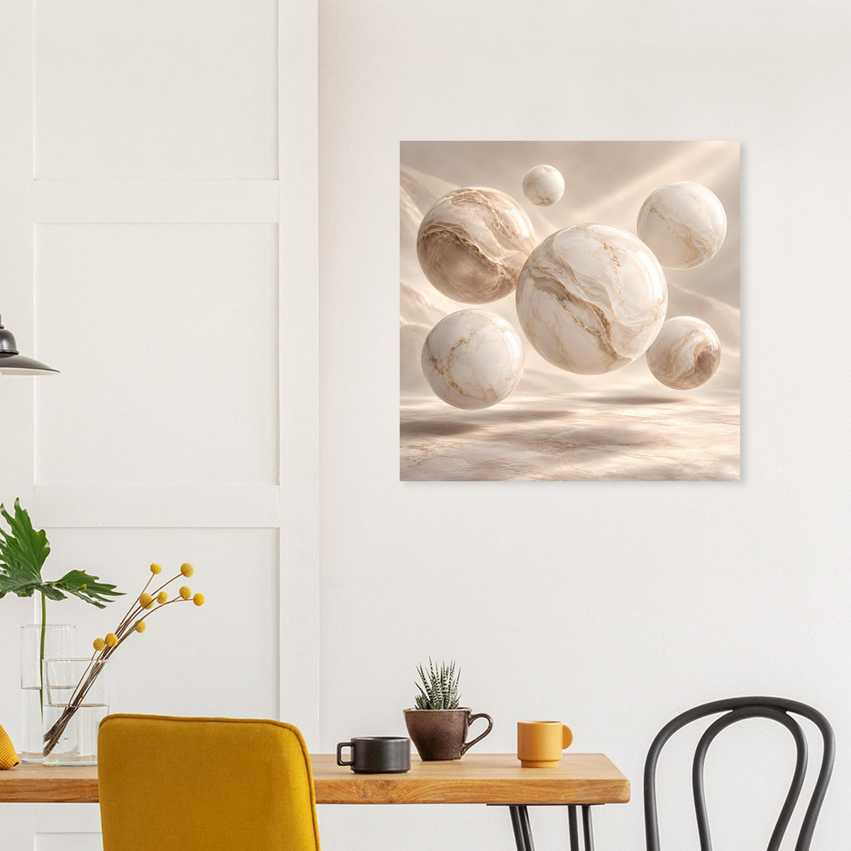 Quadratisches Poster mit Marmor-Kugeln und goldbraunen Linien