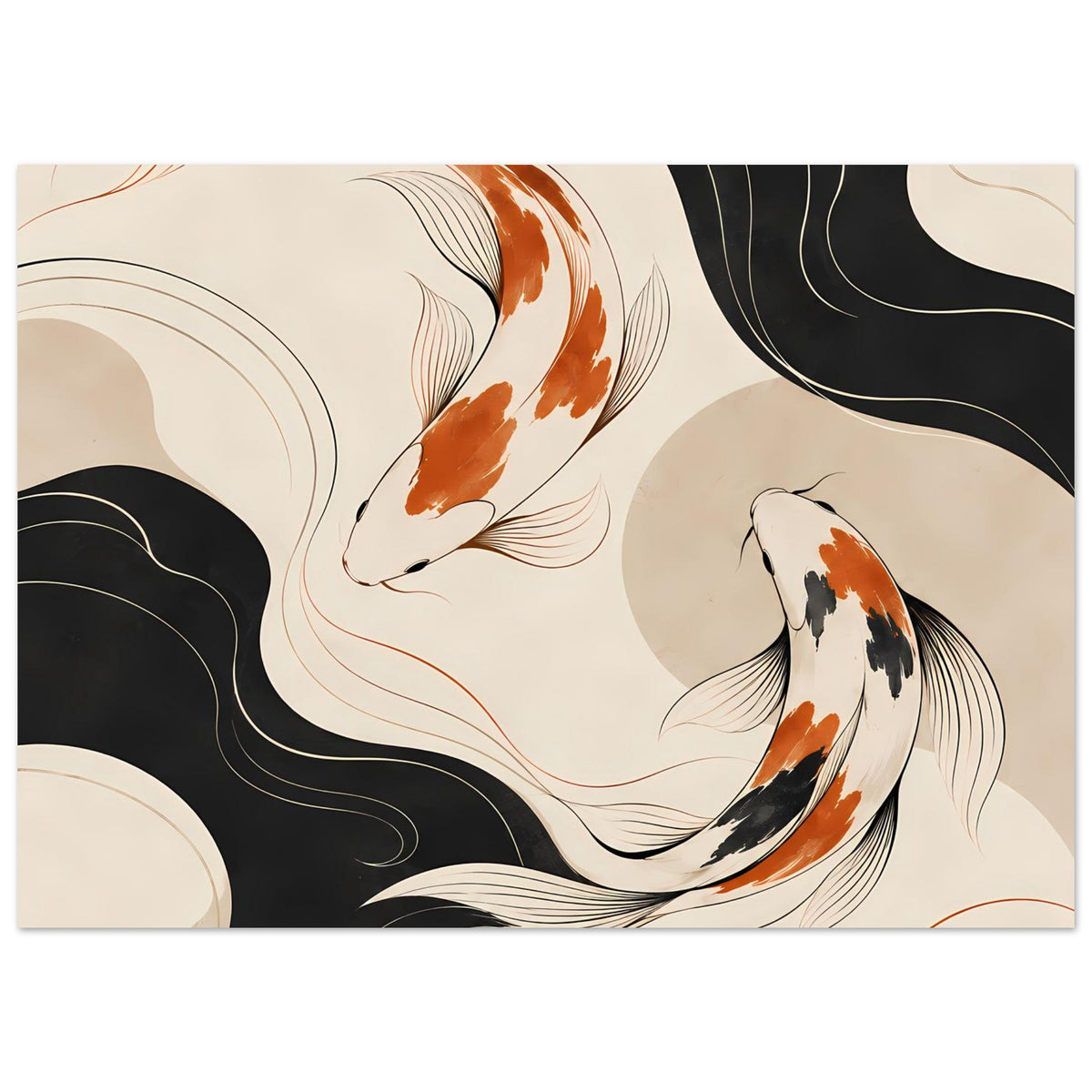 Koi-Fisch-Poster mit drei Fischen: beige-schwarzes Wellenmuster und orangefarbene Akzente