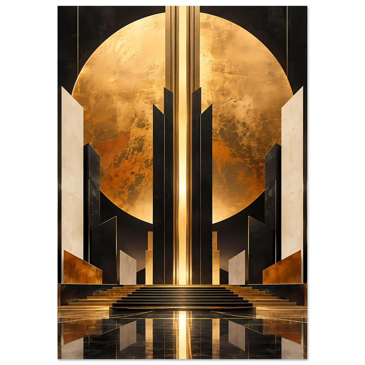Art-Déco-Poster mit goldener Scheibe, schwarzen Formen und Treppe, vertikal