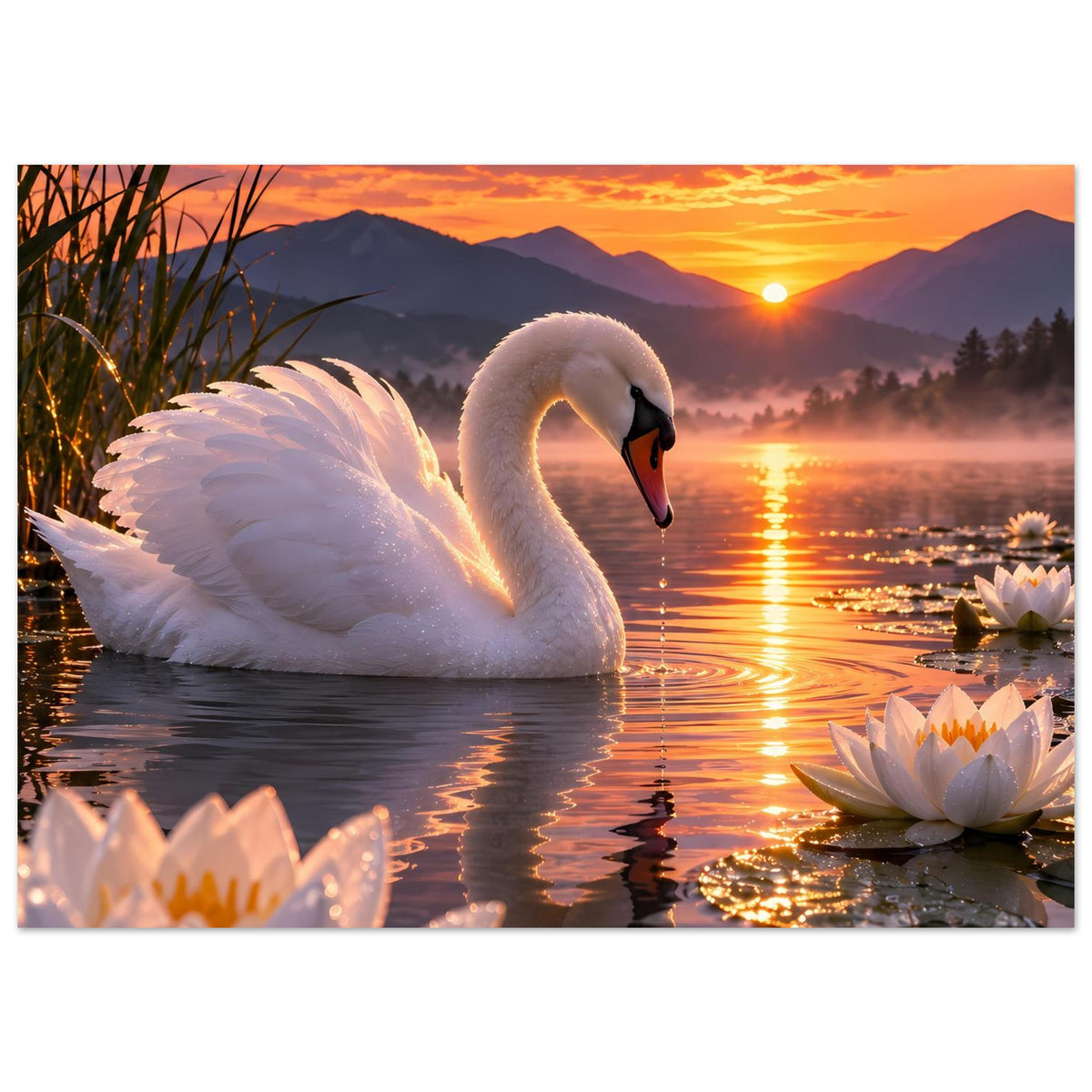 Poster: weißer Schwan mit Flügeln ausgebreitet, Seerosen und Wasserreflexe im Sonnenuntergang
