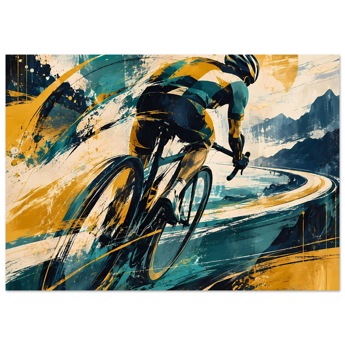 Sportposter mit Radfahrer, Blick auf Vorderreifen und Streckenverlauf in Blau und Gelb
