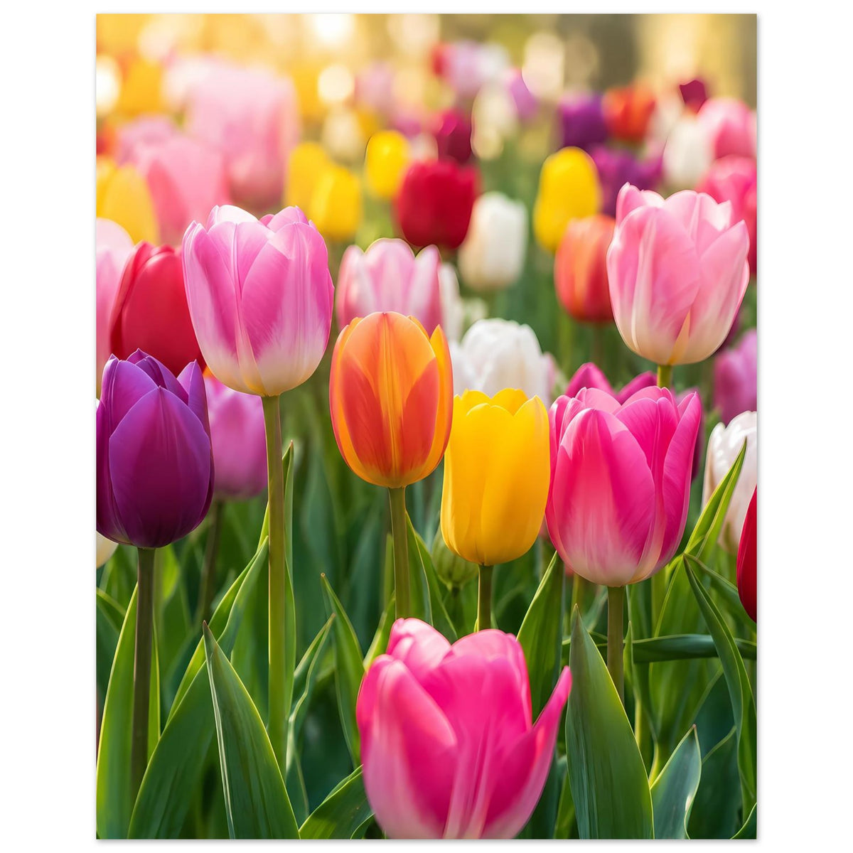 Tulpen-Gartenposter mit orangefarbener Tulpe, rosa und violetten Blüten