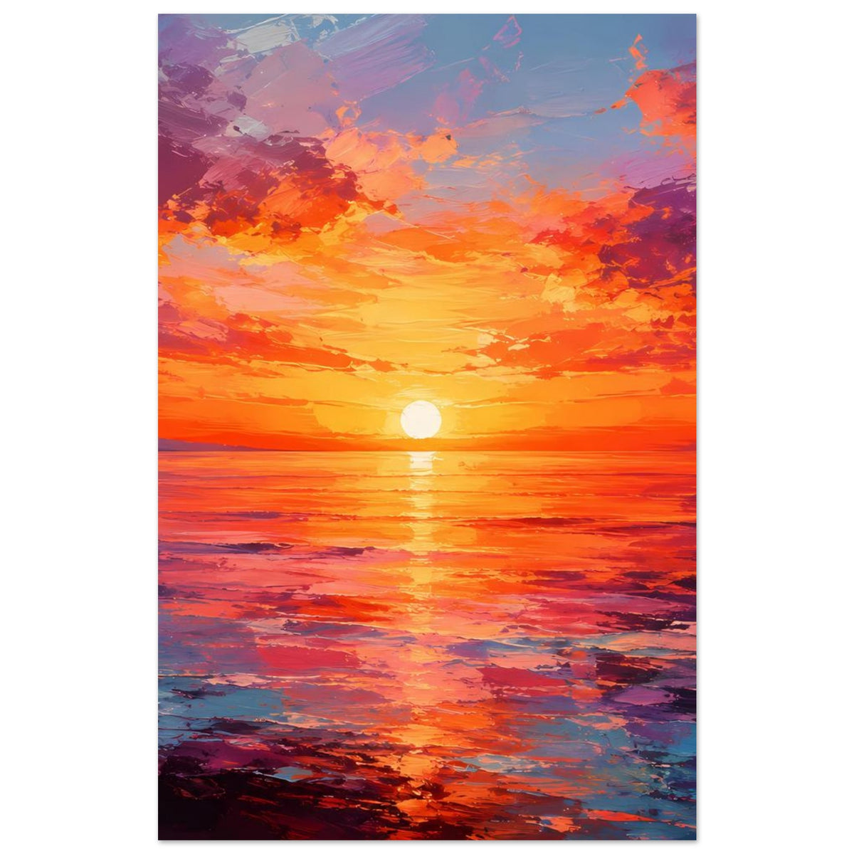 Poster im Hochformat mit Sonnenuntergang über dem Meer, orange-violettem Farbverlauf