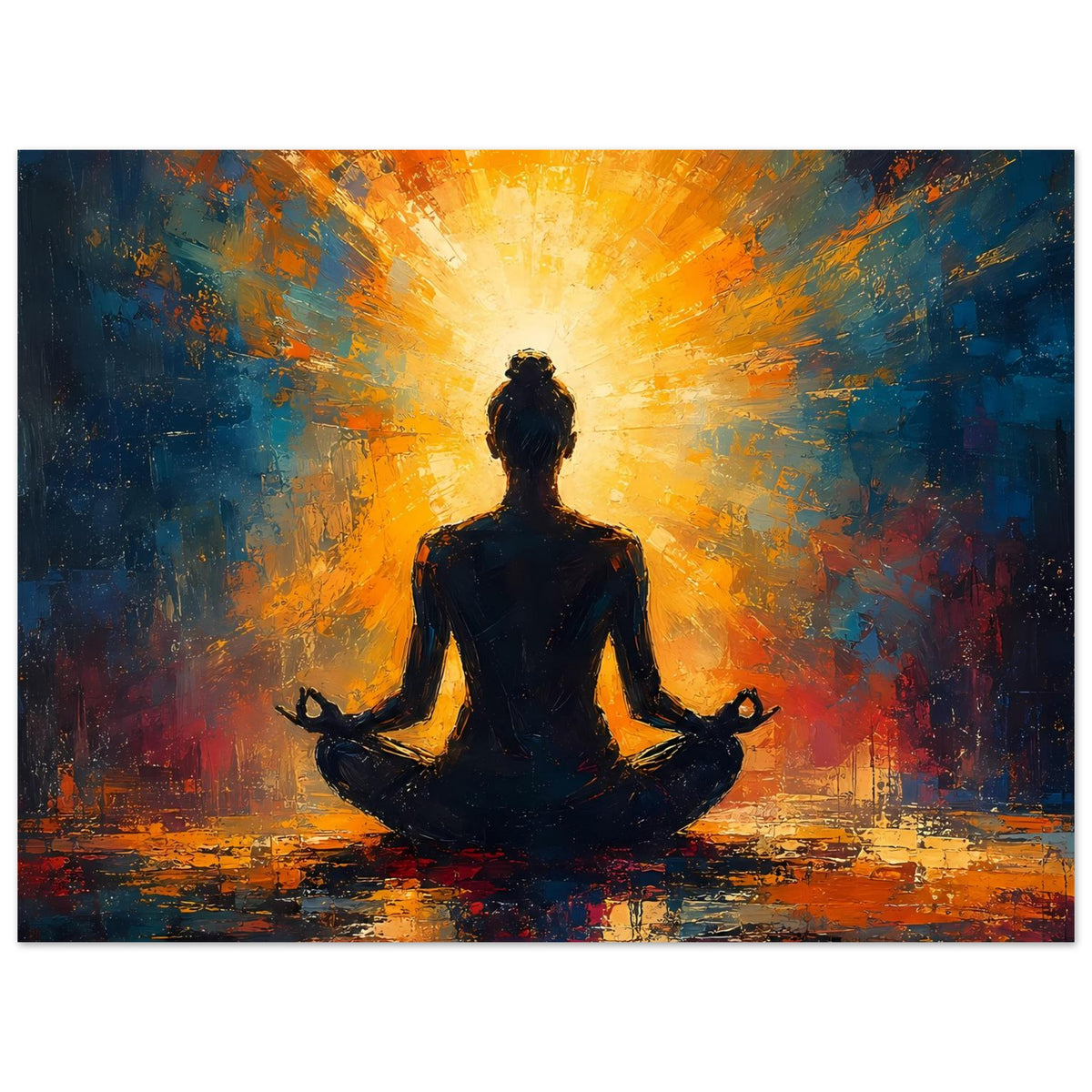 Poster im Querformat: Meditationsmotiv mit leuchtendem Mittelpunkt, orange-gelbe Lichtfahnen