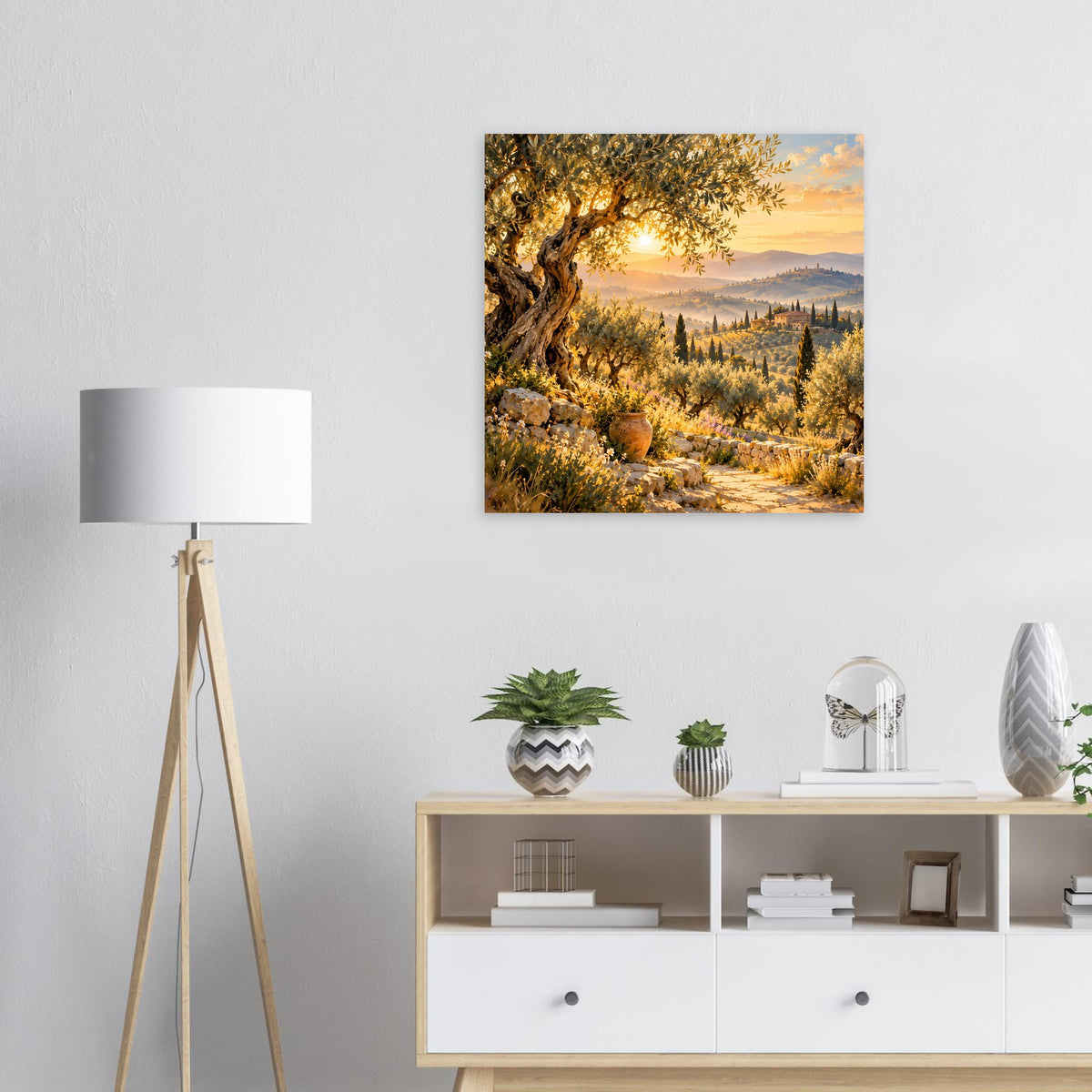 Quadratisches Poster mit goldener Landschaft, Baumkrone und Sonnenuntergang