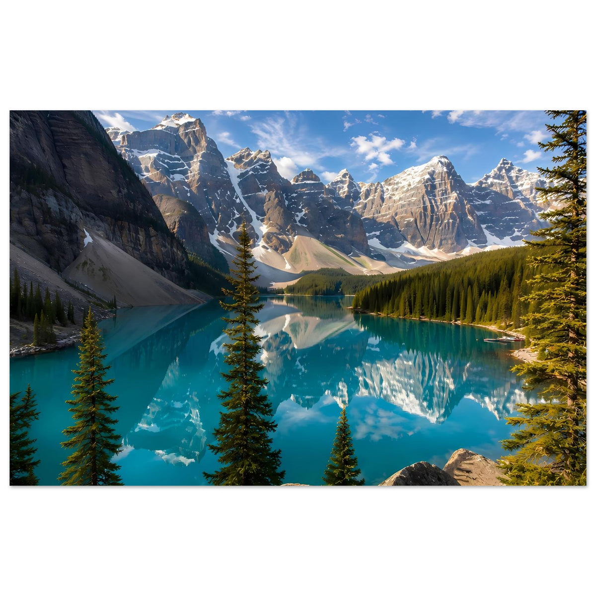 Querformat-Poster mit türkisfarbenem Bergsee, Nadelbäumen, Felsen und schroffen Berggipfeln
