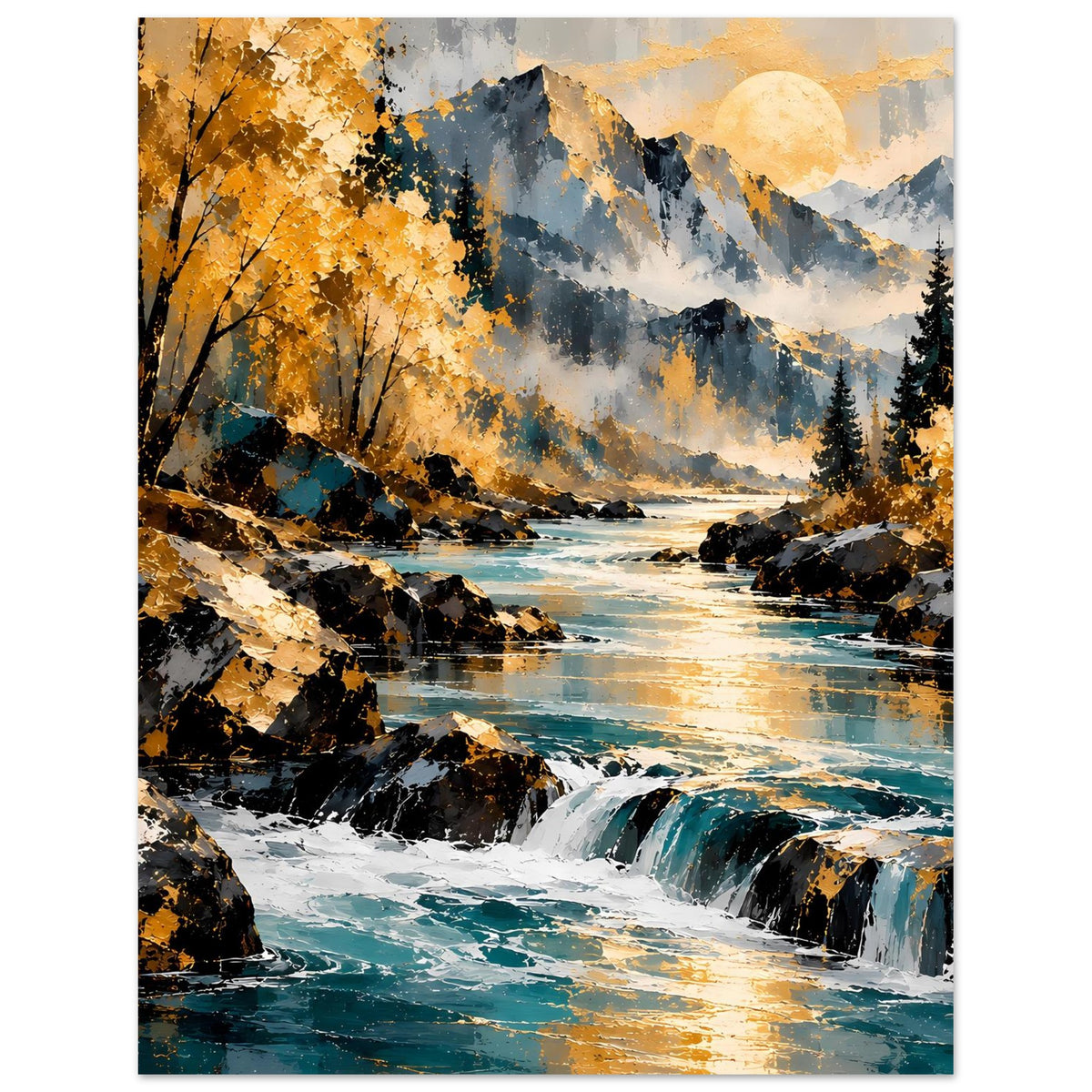Herbstlandschafts-Poster mit Flusslandschaft, Wasserfall, Bergen und Nadelbäumen