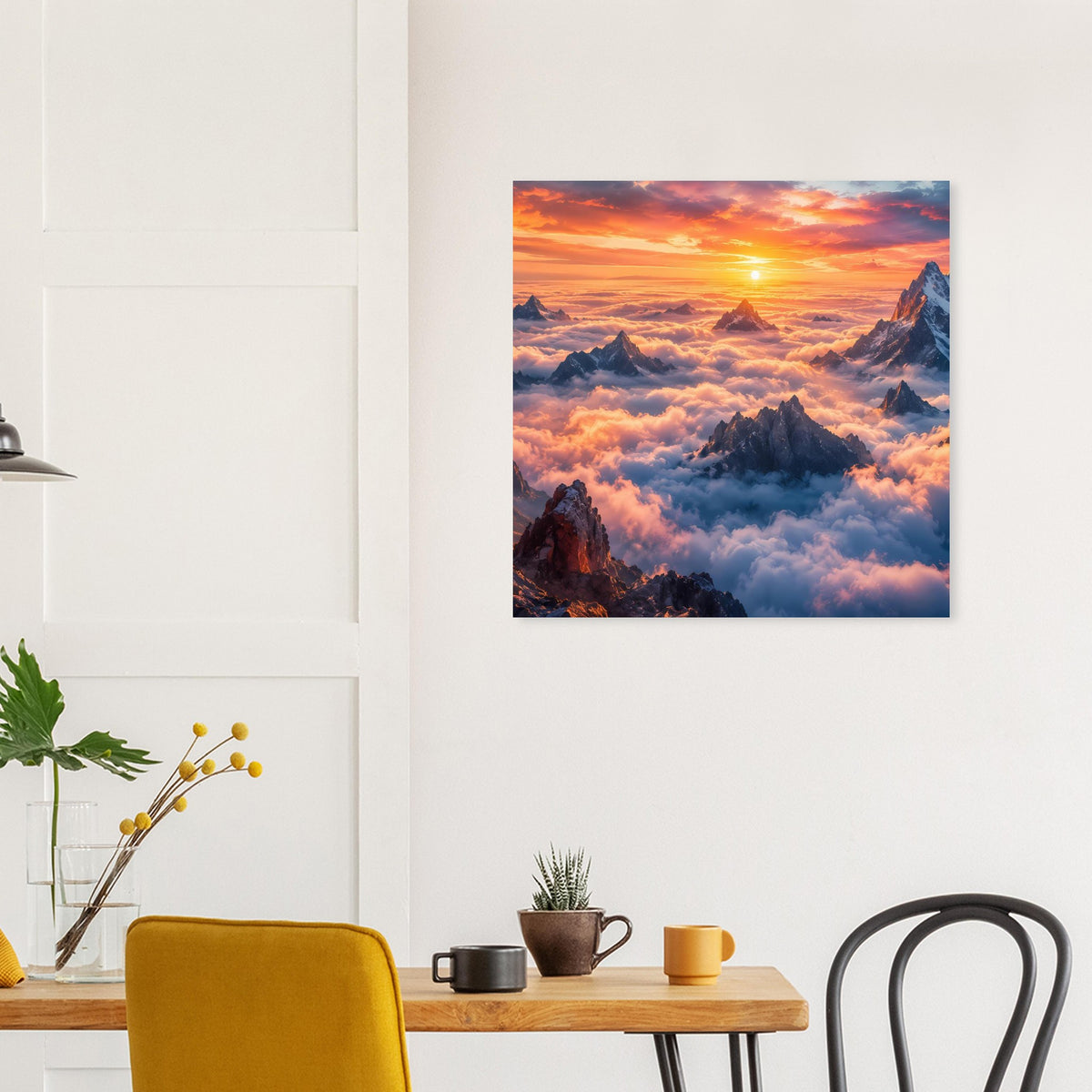 Gerahmtes Poster mit Sonnenaufgang über Berggipfeln, warmen Farben und Wolken