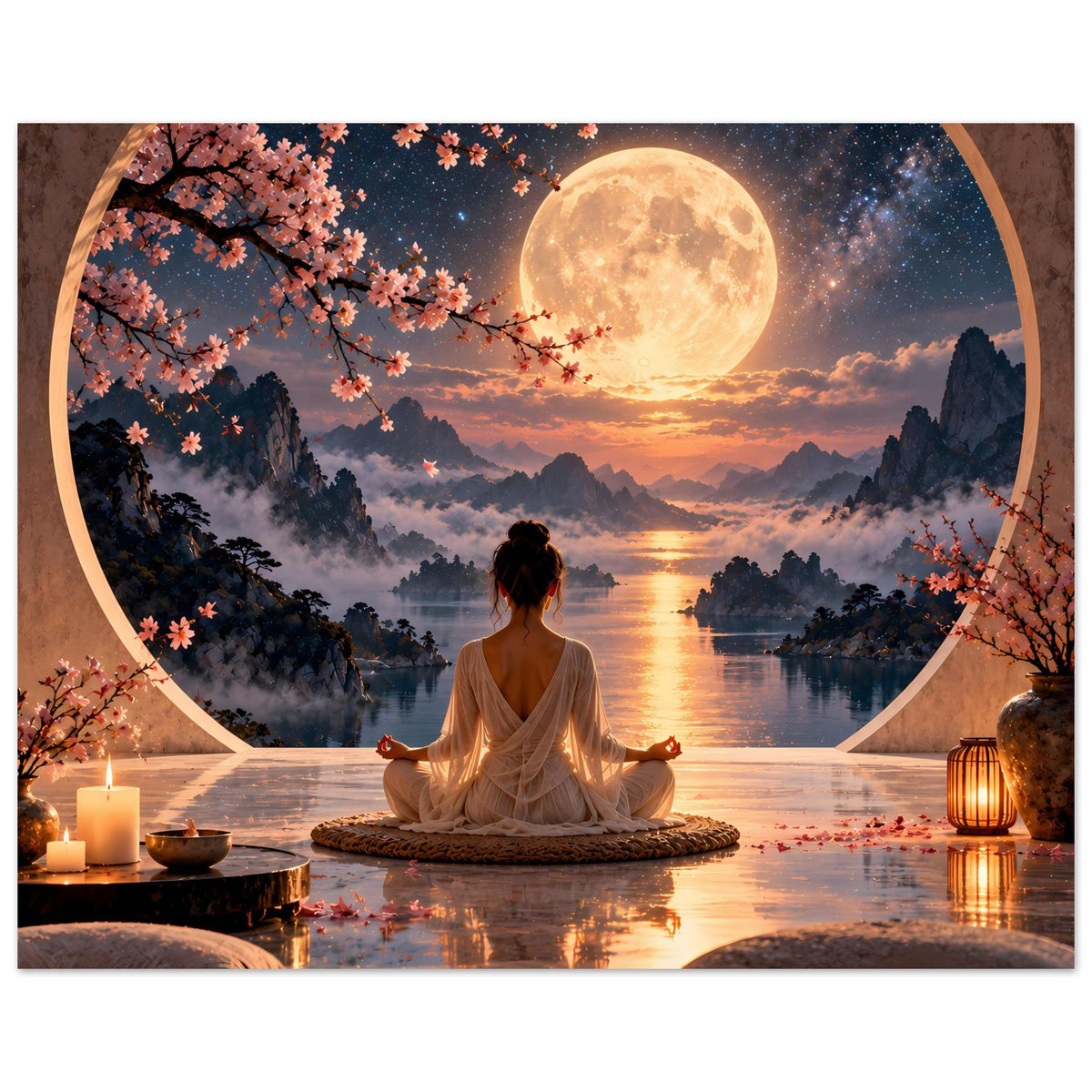 Zen-Meditationsposter mit sitzender Meditationsfigur, hellem Mond über ruhigem See, Kirschblüten