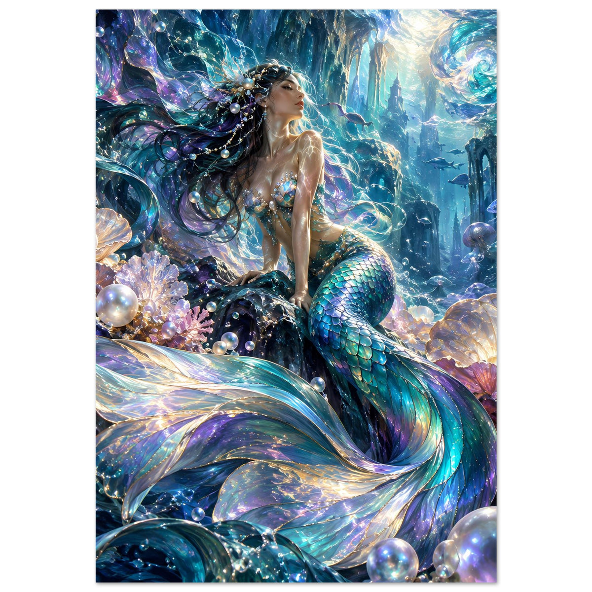 Fantasy-Poster Meerjungfrau mit kronenartigem Schmuck, lockiges Haar und Perlen