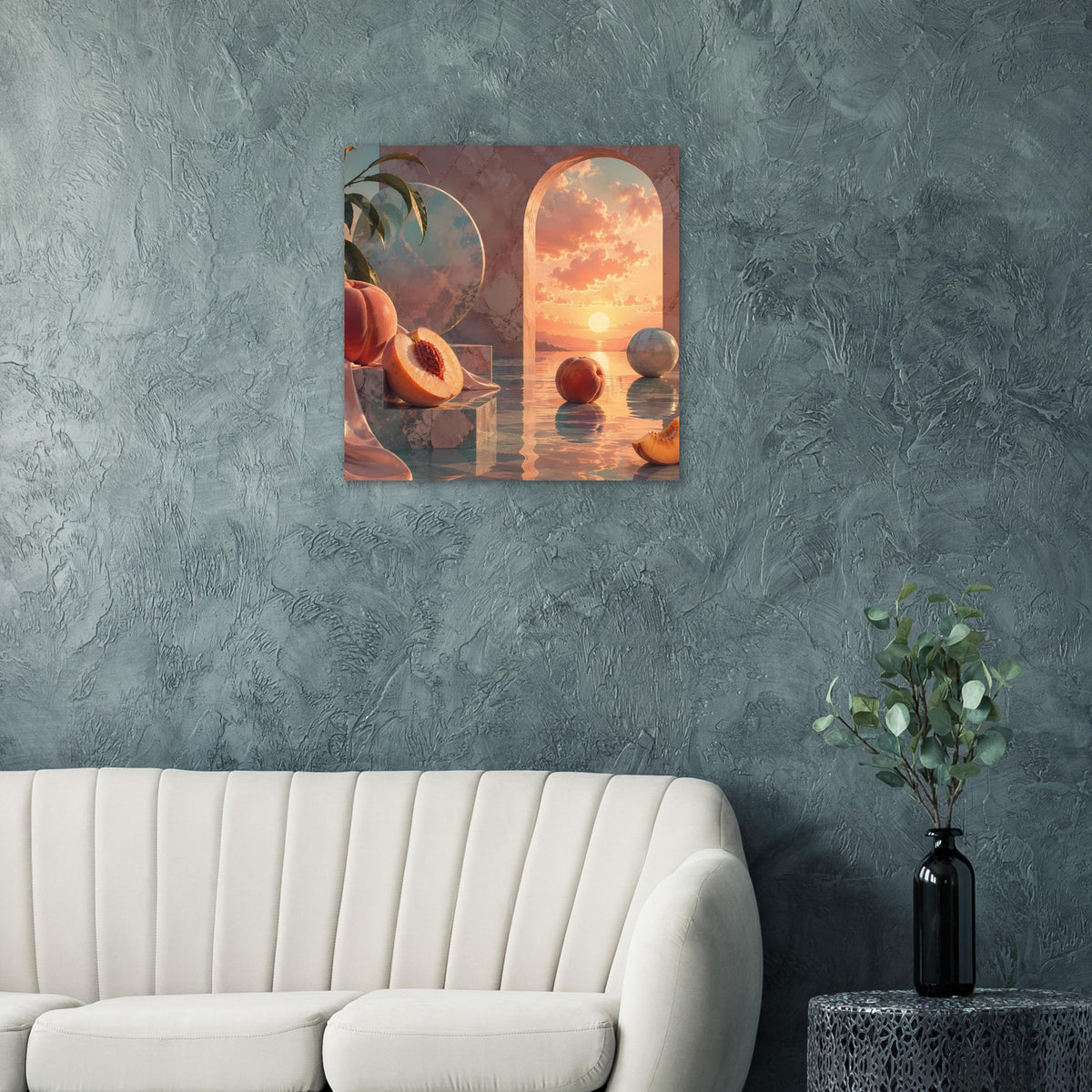 Gerahmtes Poster im Motivstil: Pfirsiche und Kugeln im Rundbogen bei Abendsonne
