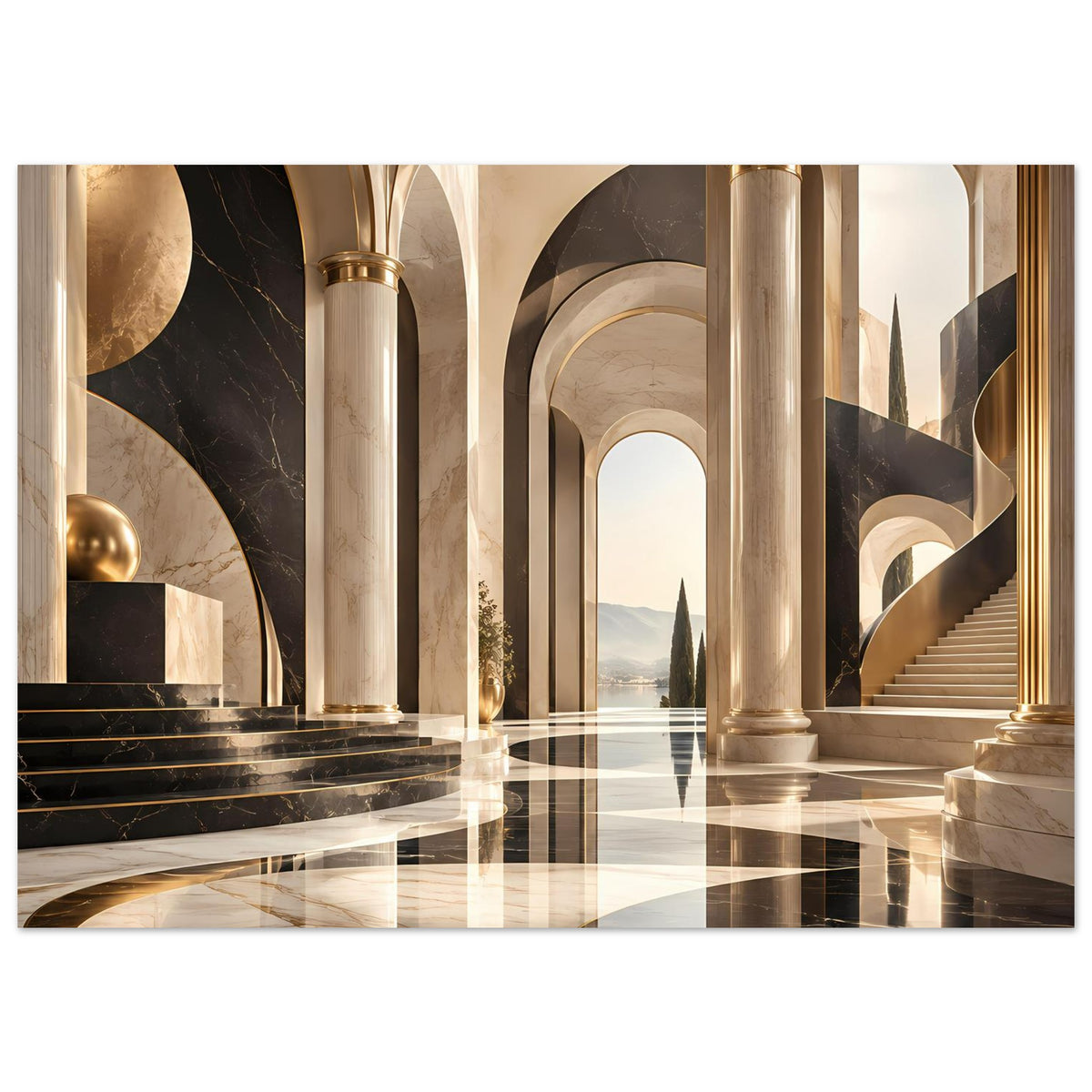 Gerahmtes Panorama-Poster: Säulengang im Schwarz-Gold-Marmorlook mit Treppe rechts