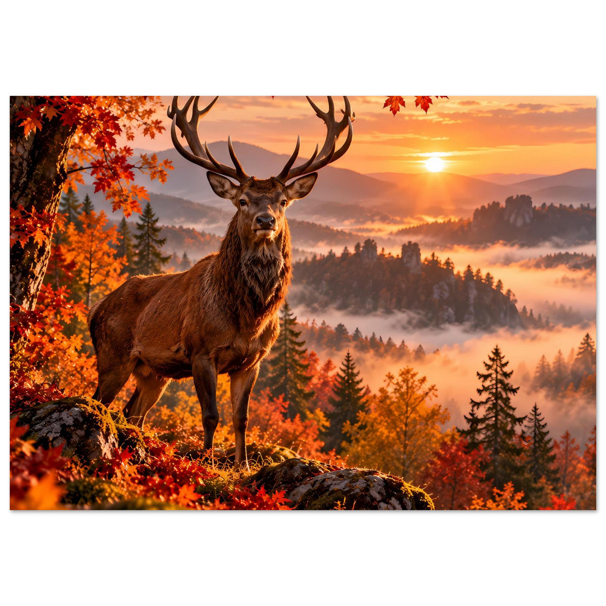 Herbstliches Hirschposter: Hirsch mit Geweih, Herbstkrone aus orangefarbenen Blättern und Wald im Nebel