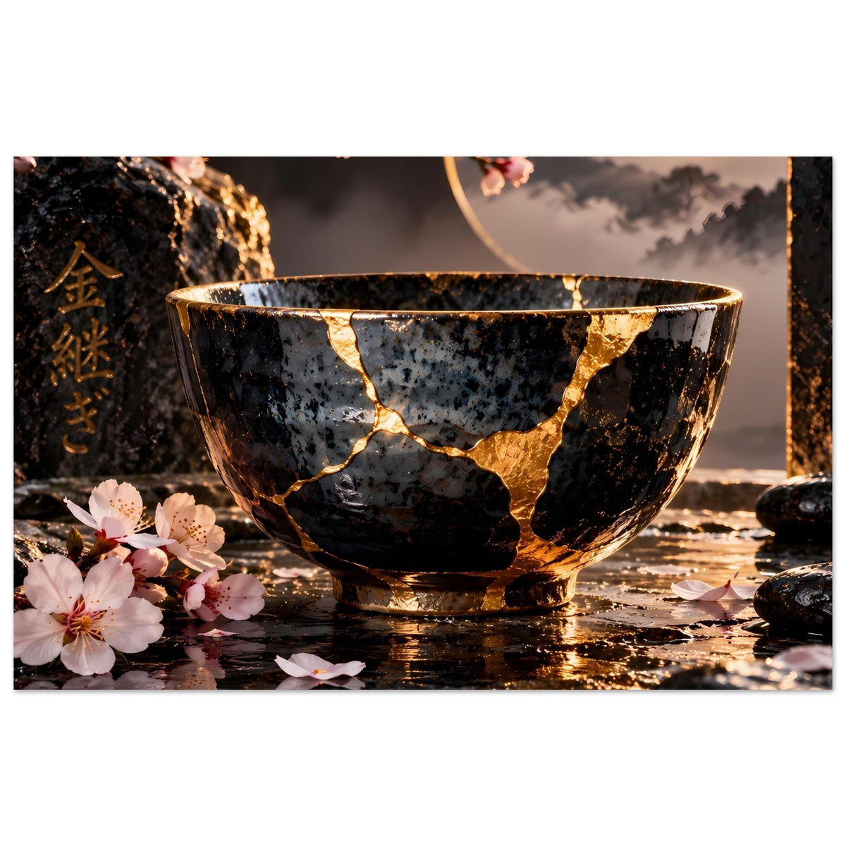 Kintsugi-Elegance-Poster: schwarze Schale mit goldenen Risslinien, Kirschblüten und Berg im Hintergrund