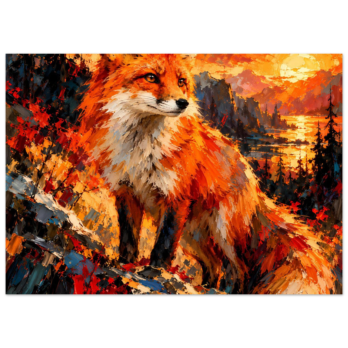 Fuchs-Porträt im Posterformat mit leuchtend orangebraunem Fell und weißen Halsflaum