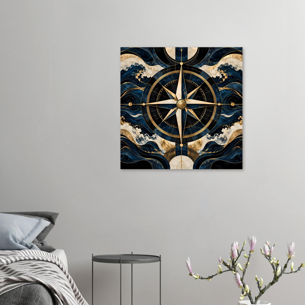 Kleines maritimes Navigationsposter mit goldener Kompassrose und blauem Wellenmuster