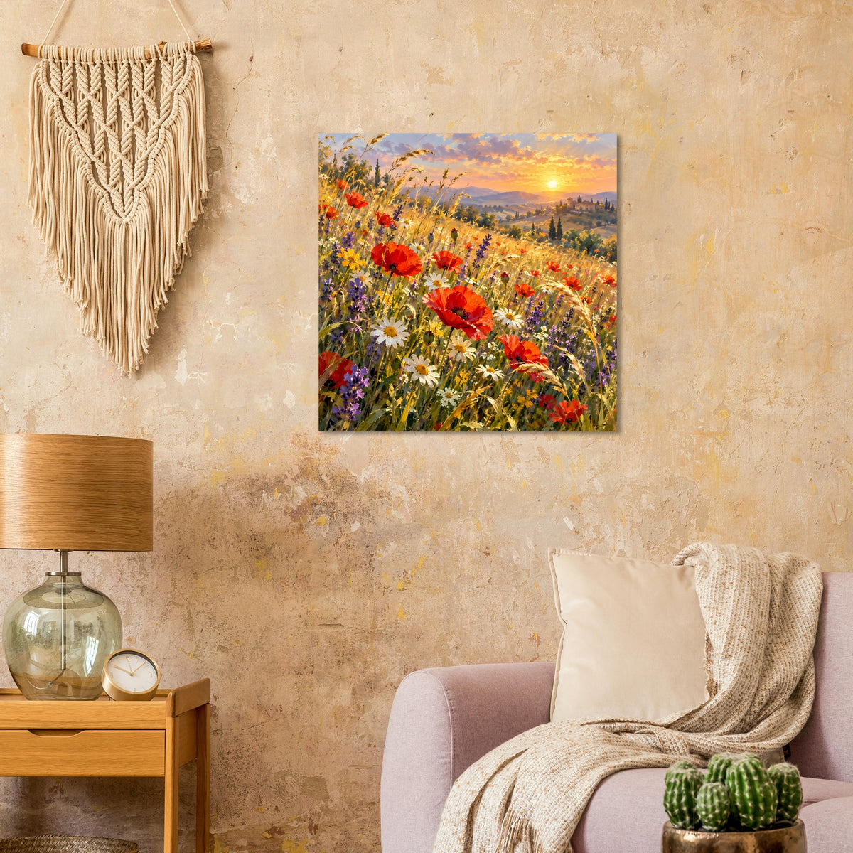 Poster mit Blumenfeld-Motiv und Sonnenuntergang, eingerahmt