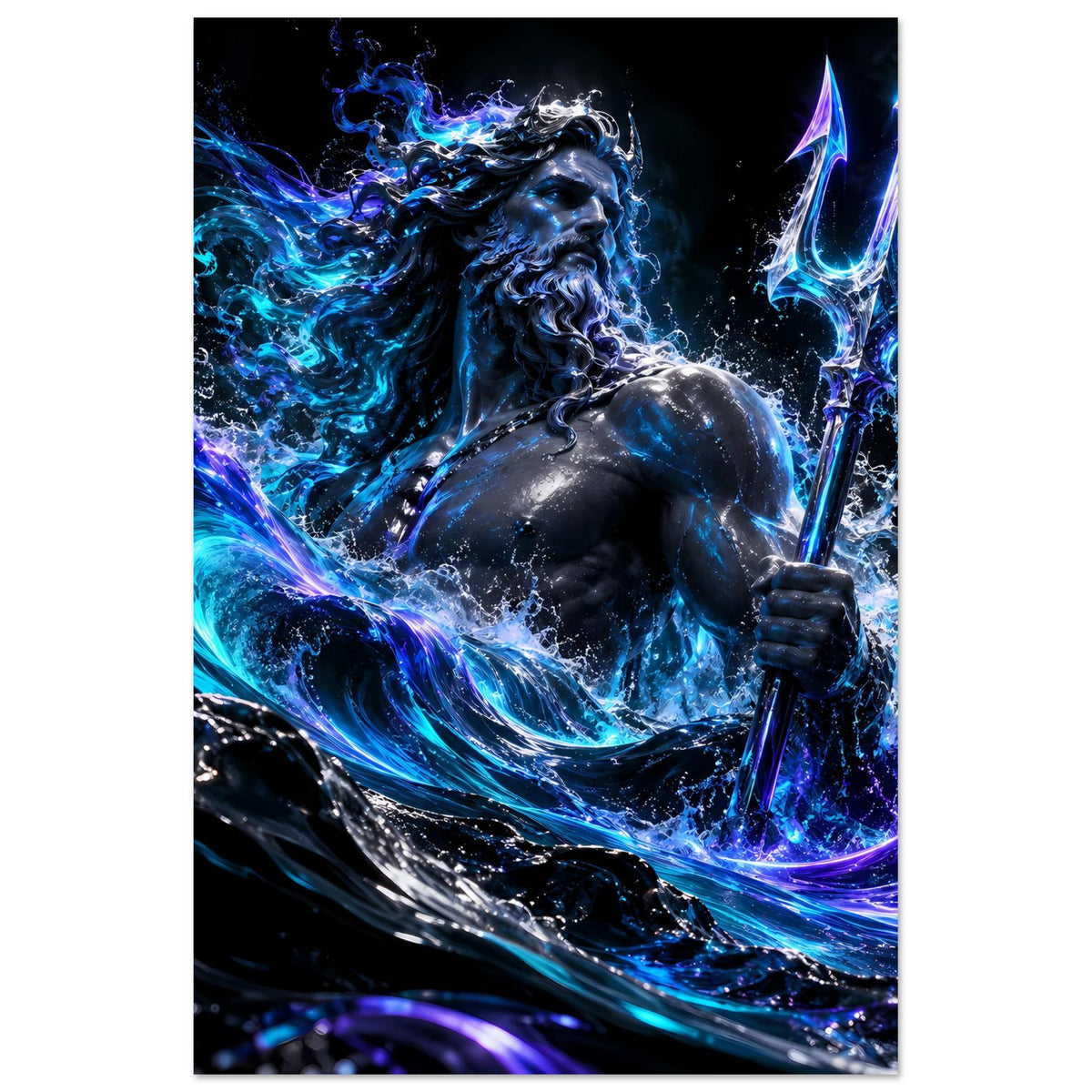 Poster mit Poseidon: muskulöser Meeresgott mit Dreizack, leuchtende Ozeanblau-Wellen