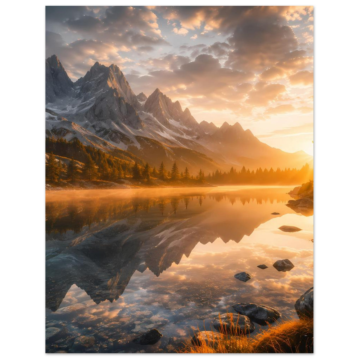 Sonnenbeschienenes Bergsee-Poster im Hochformat: Berglandschaft mit reflektierendem Seeufer