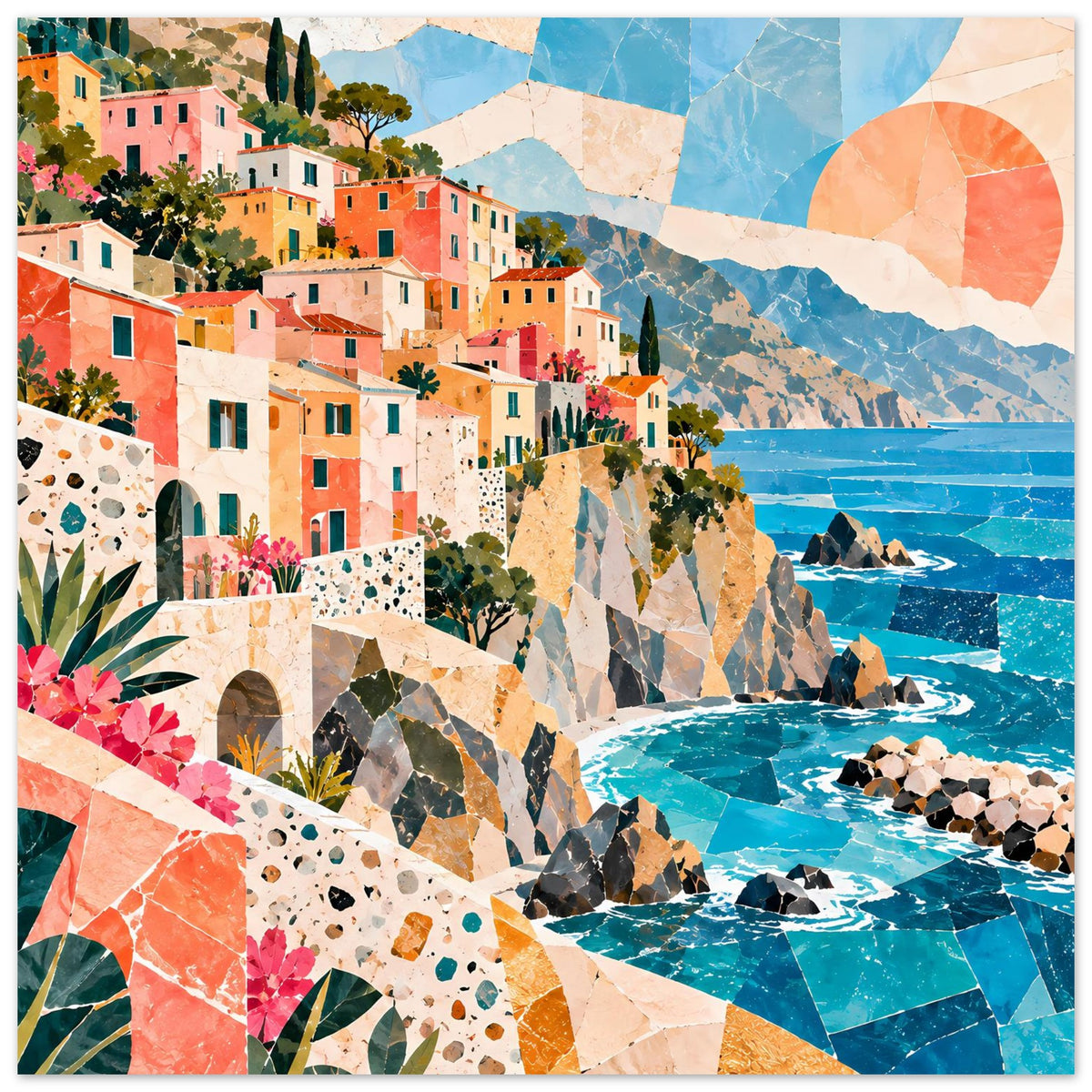 Vertikales Wandposter: mediterranes Dorf an der Küste mit bunten Gebäuden, Klippen und Meer