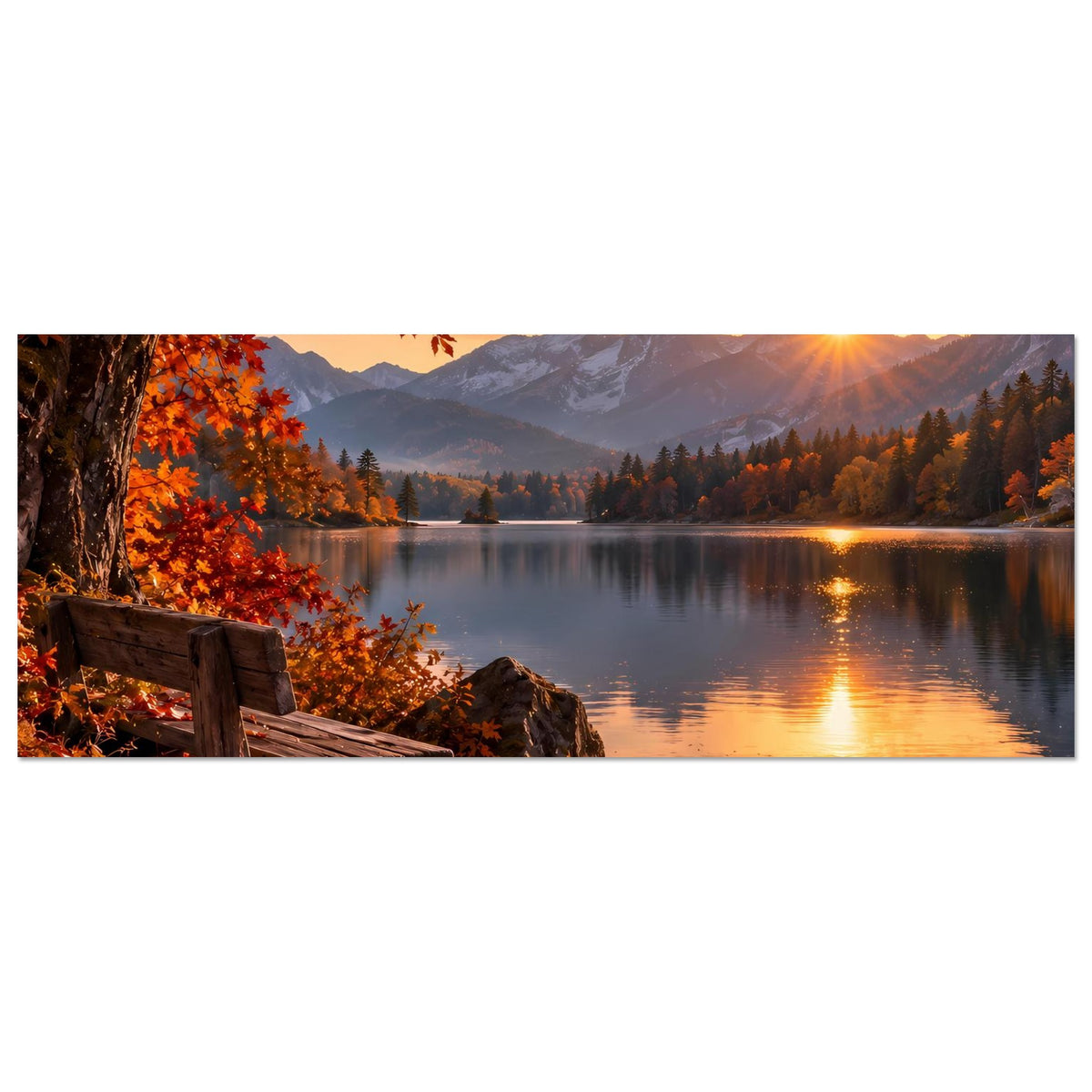 Herbstlandschafts-Poster: Bank am Seeufer, Sonnenreflex im ruhigen Wasser