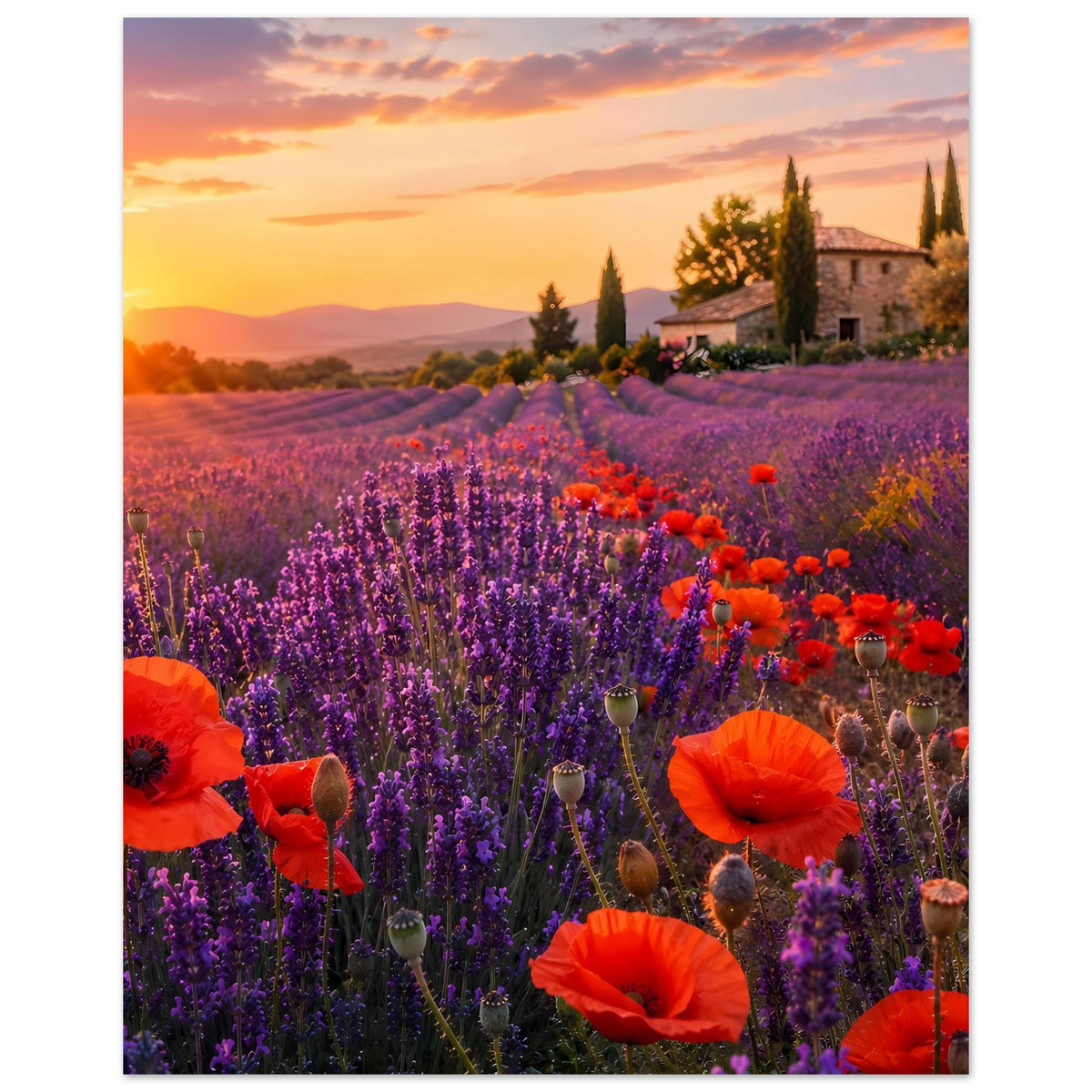 Poster mit lila Lavendelfeld, orange Mohnblumen und Landhaus bei Abendsonne