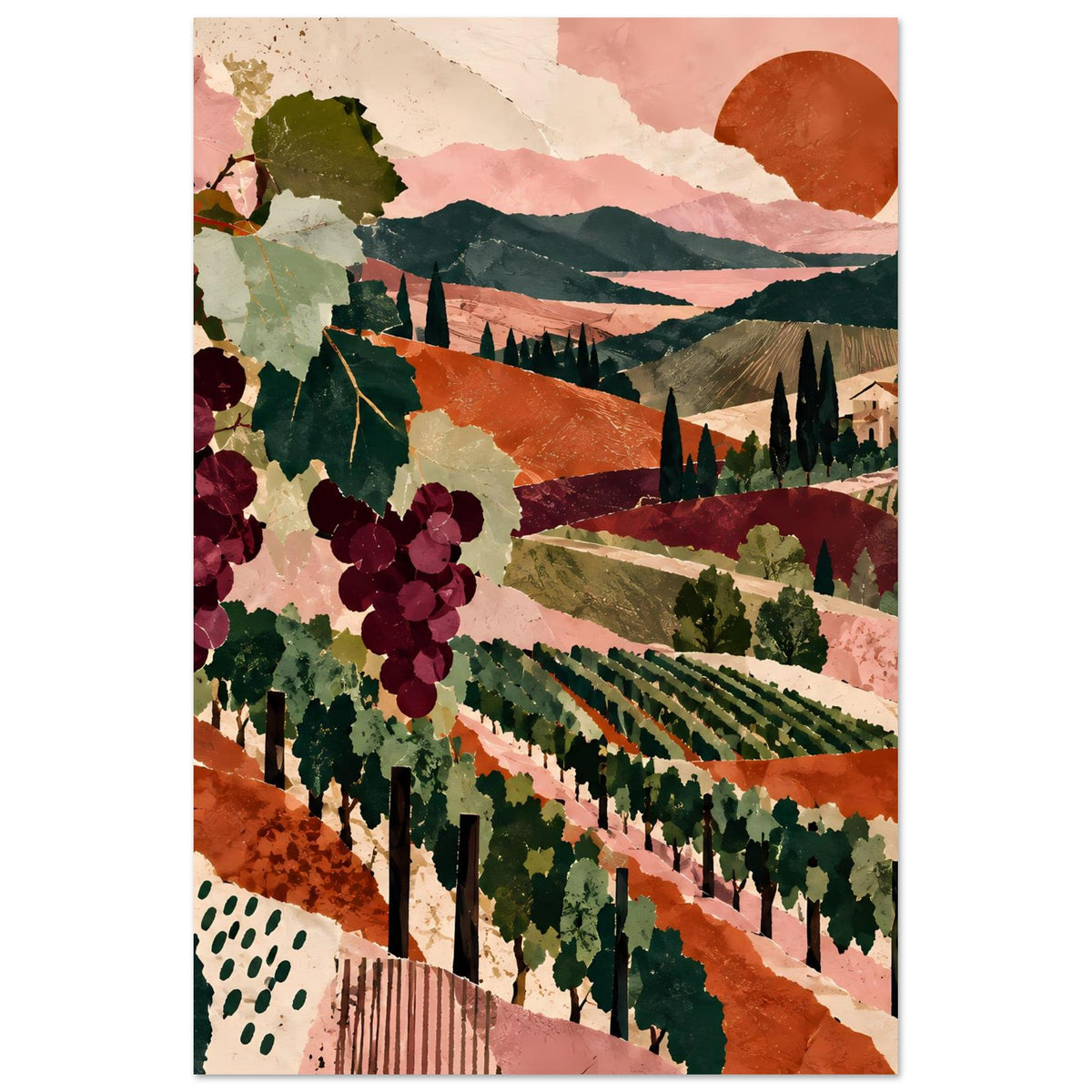 Weinreben-Landschaftsposter im Hochformat mit Traubenreben, Hügeln und Zypressen