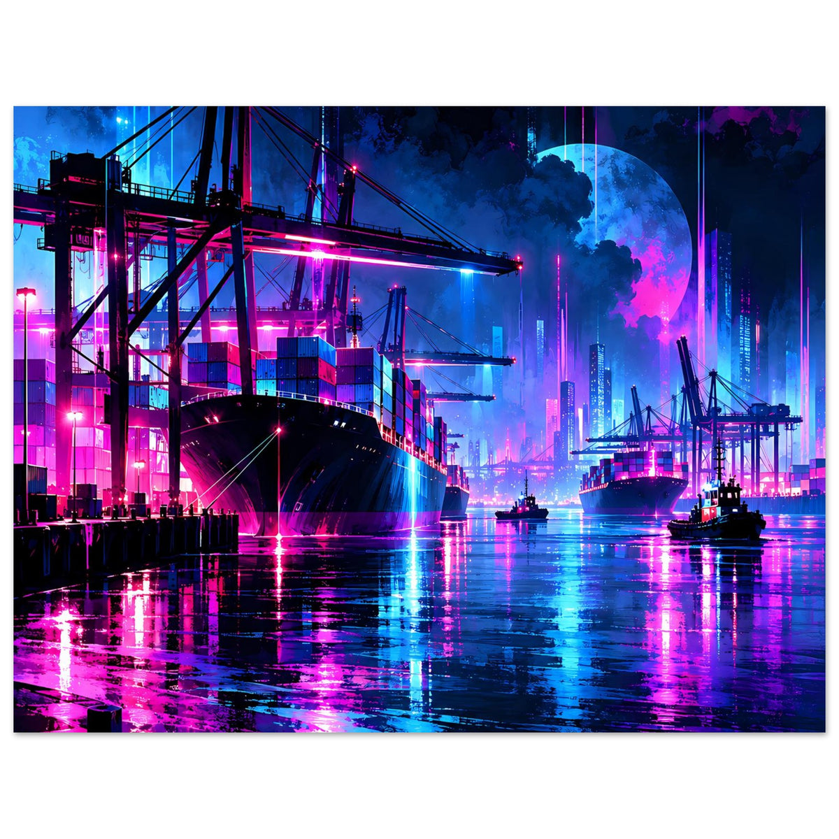 Poster Neon-Hafen-Nachtlandschaft mit Brücke, Containern, Schiffen und farbigen Lichtreflexen