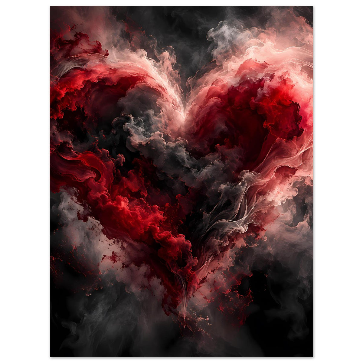 Poster mit Herzmotiv aus Rauchwolken, Rot-Schwarz-Kontrast und graue Nebelflächen