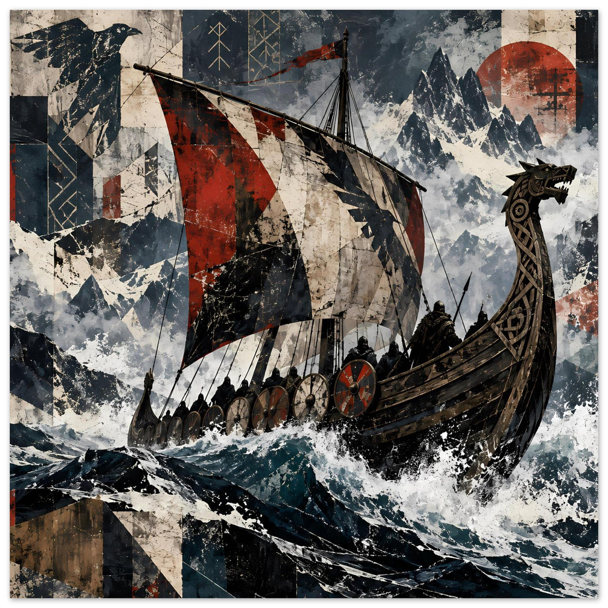 Wikingerschiff-Poster: Langschiff mit roten Flaggen, Wellen und Bergen, horizontal