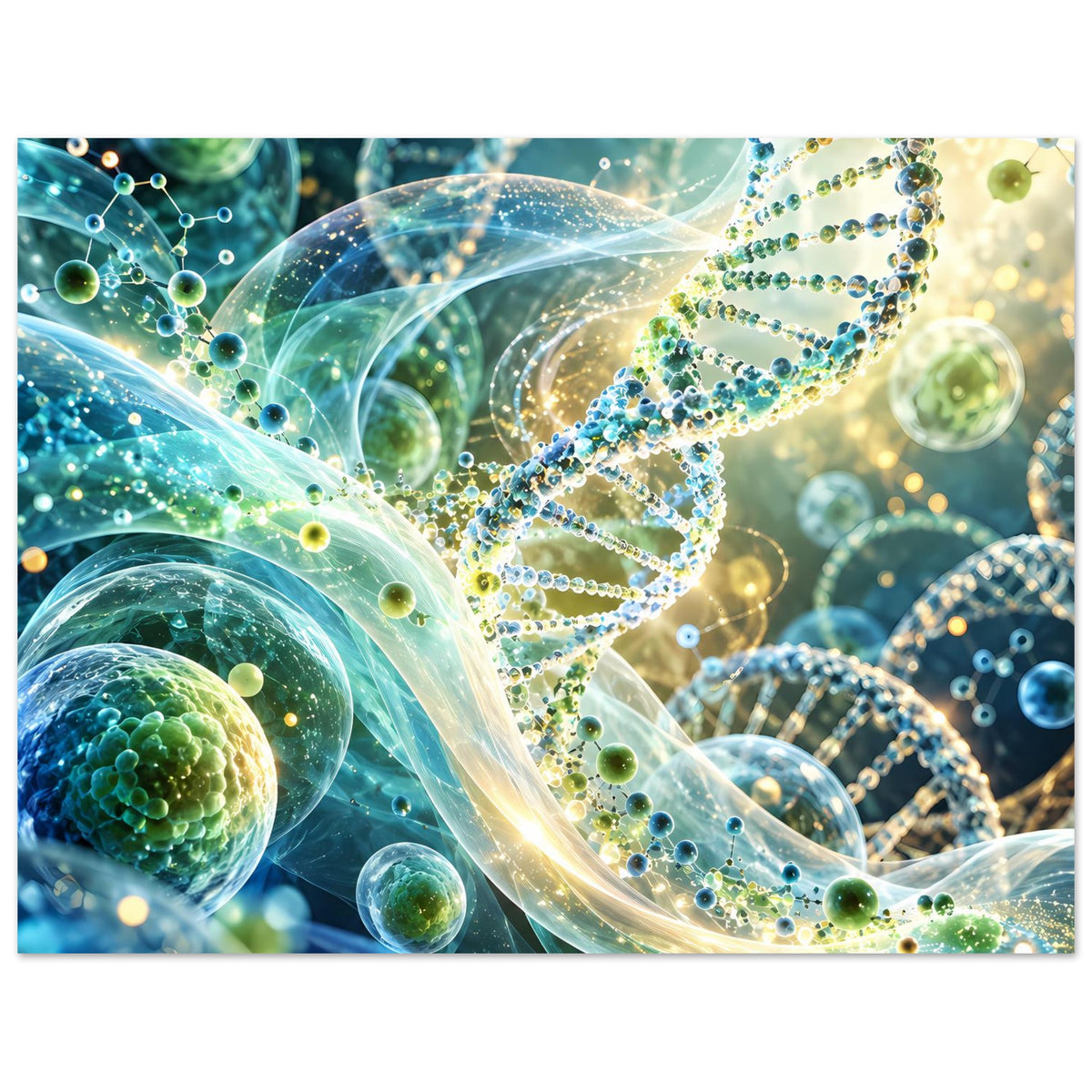 Biotechnologie-Poster mit leuchtender DNA-Doppelhelix und farbigen Molekülketten
