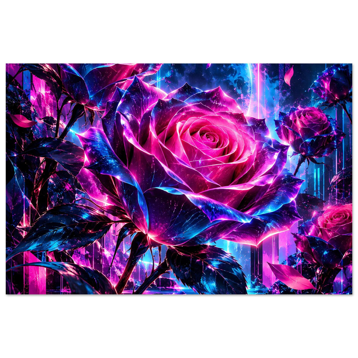 Kunstposter mit leuchtender Neonrose, pink-blauer Strahlenkranz und schimmernde Blattformen