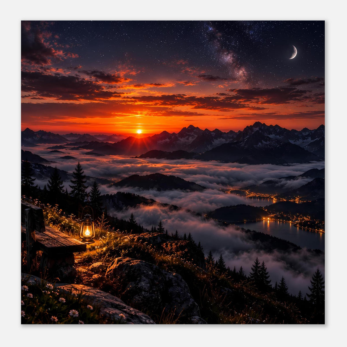 Landschaftsposter: Mond am Nachthimmel, glühender Sonnenuntergang, Berge, See und Tannenwald
