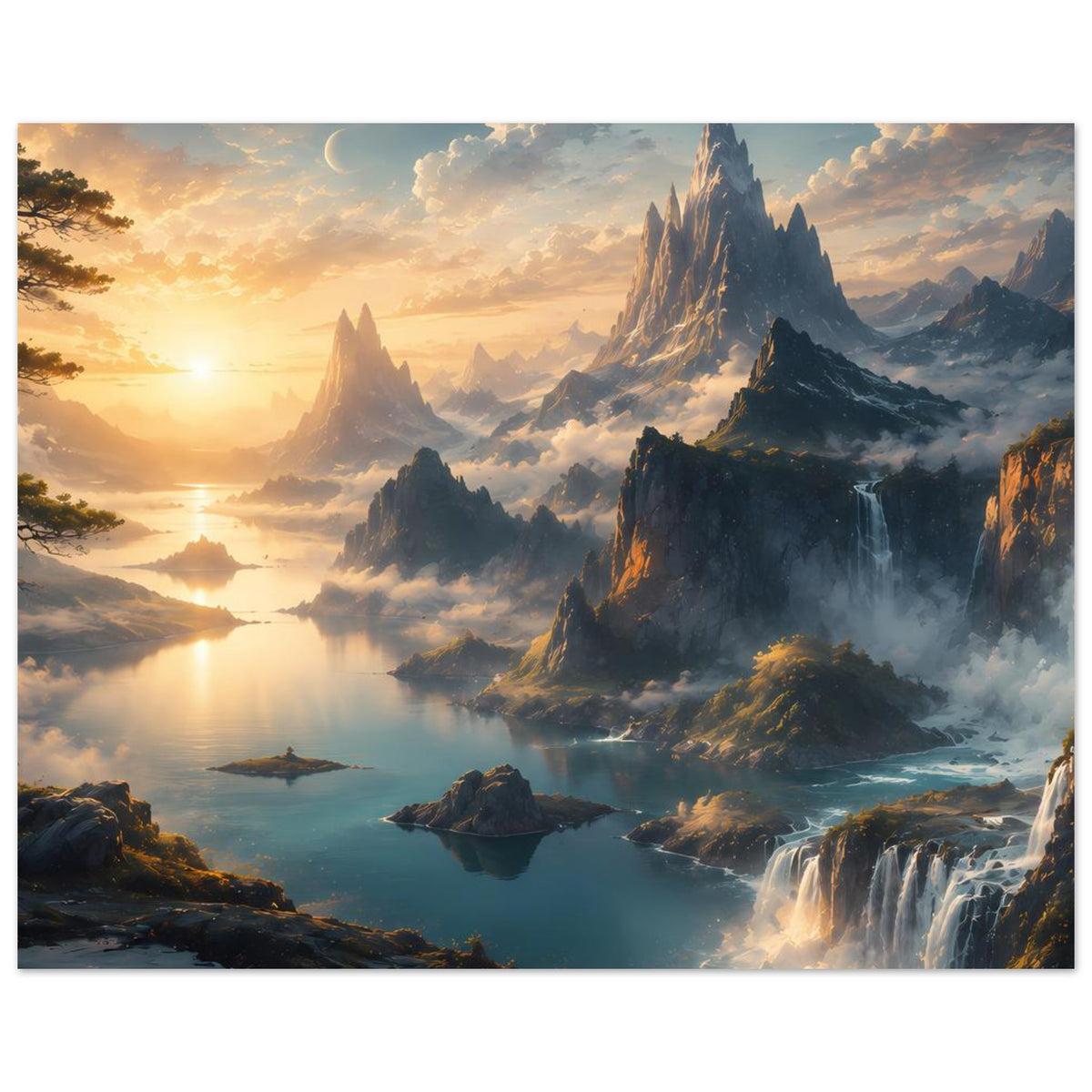 Querformat-Poster mit Berggipfeln, Wasserfällen und See bei goldenem Morgenlicht