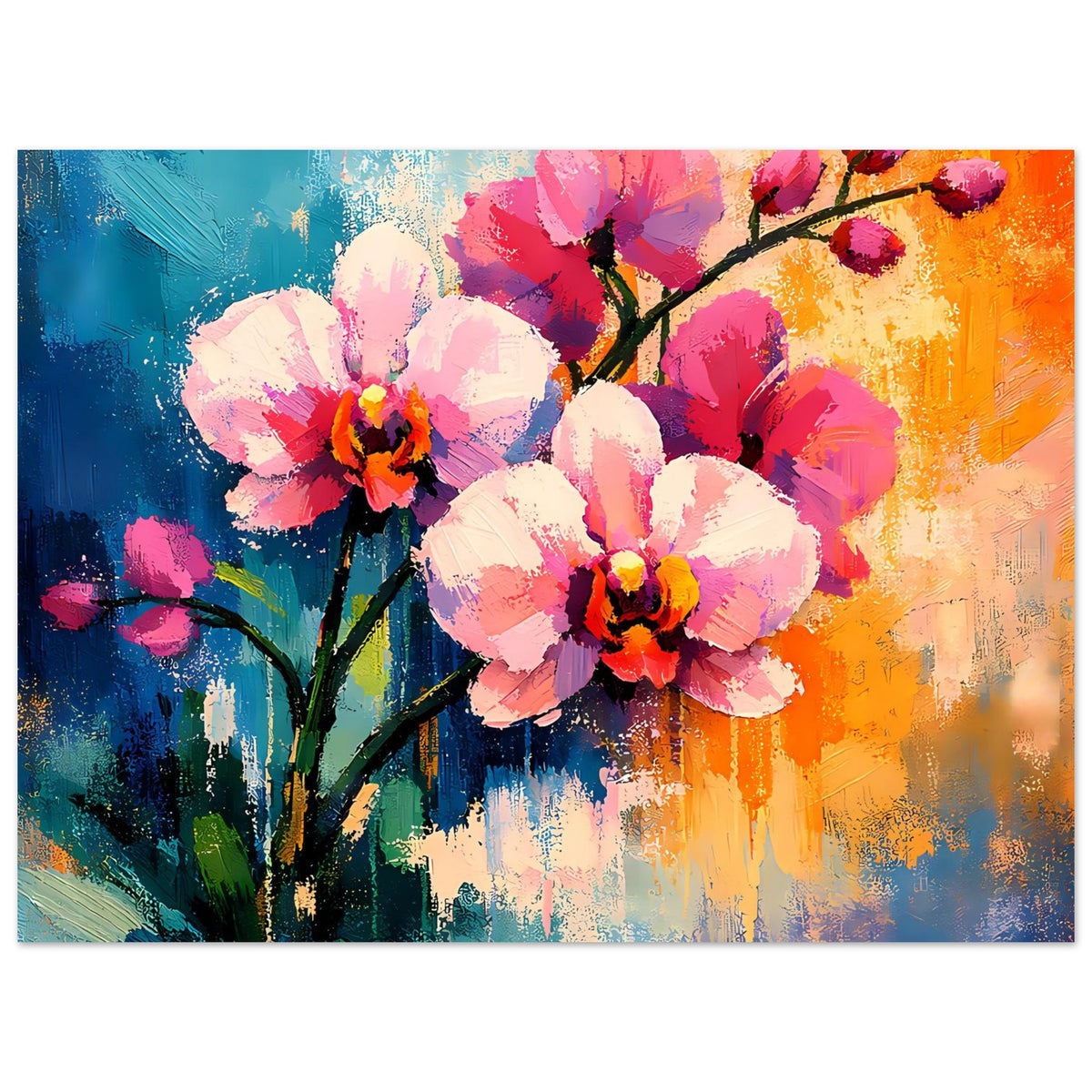 Blumenposter mit mehreren rosa Blüten und dunklem Ast, kräftige Farbverläufe