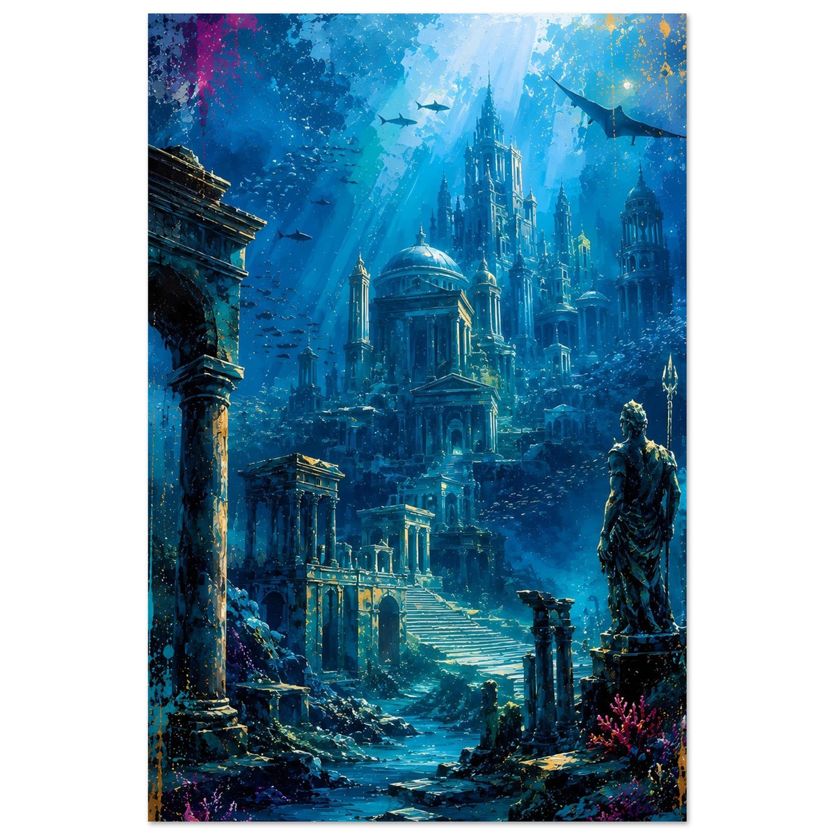 Poster mit Unterwasserstadt Atlantis, große Säule links und Statue auf Sockel
