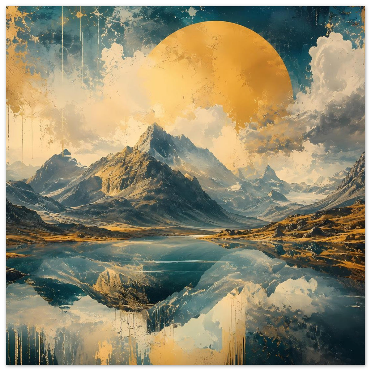 Gerahmtes Poster mit Gebirgsblick, goldener Sonnenscheibe und Spiegelung im See, blau-gold
