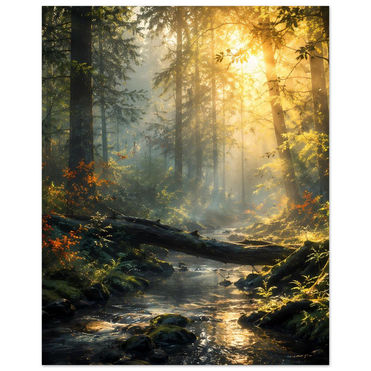 Poster mit Bach im dichten Wald, warmes Glühen der Sonne und glänzende Wasseroberfläche