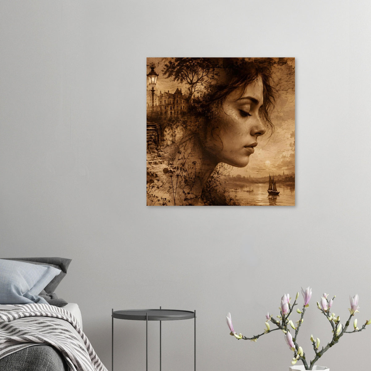 Sepia Poster (Querformat) mit Frauenprofil und Segelboot, im gleichen Sepia-Stil gedruckt