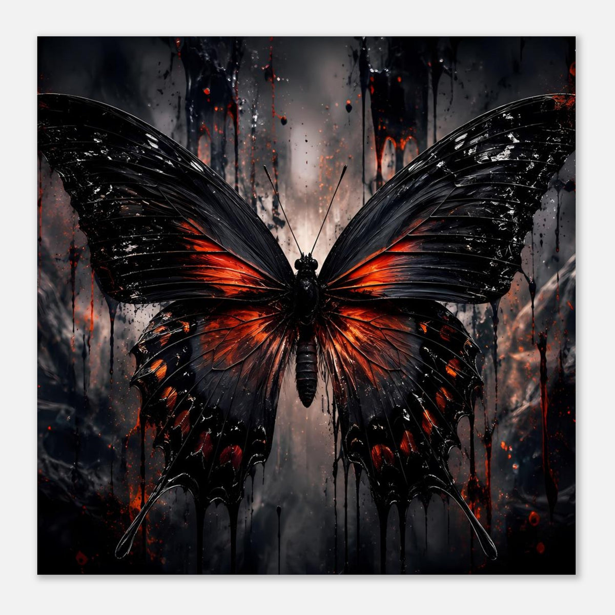 Schmetterlingsposter mit zentralem Falter und dunklem Hintergrund, schwarze Flügel mit Orange