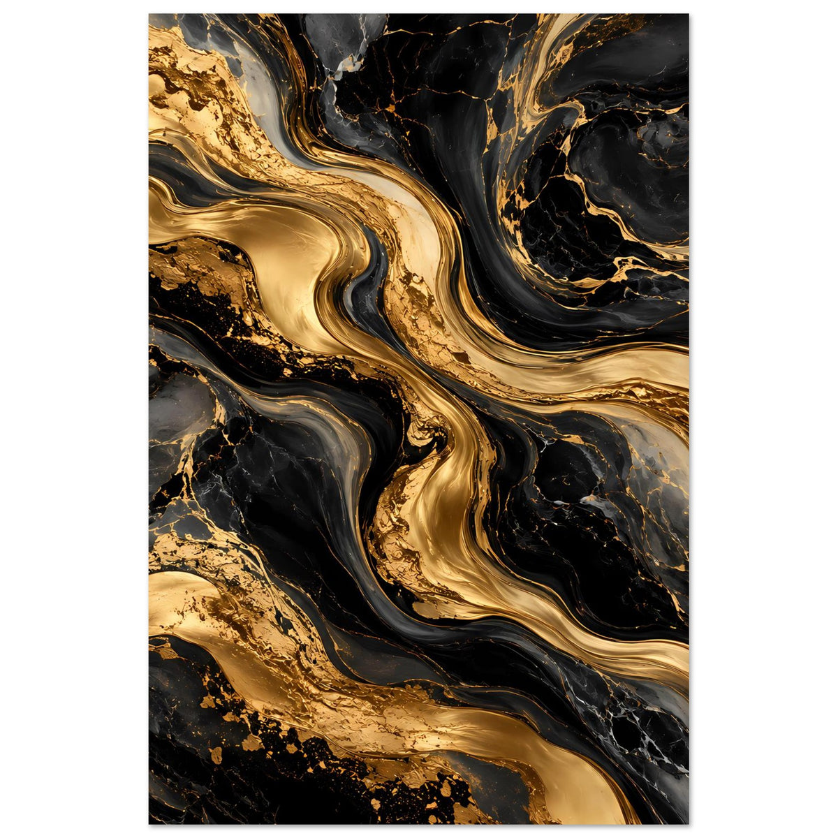 Hochformat-Poster mit abstraktem Goldmarmor: schwarze Wirbel, goldene Linien.