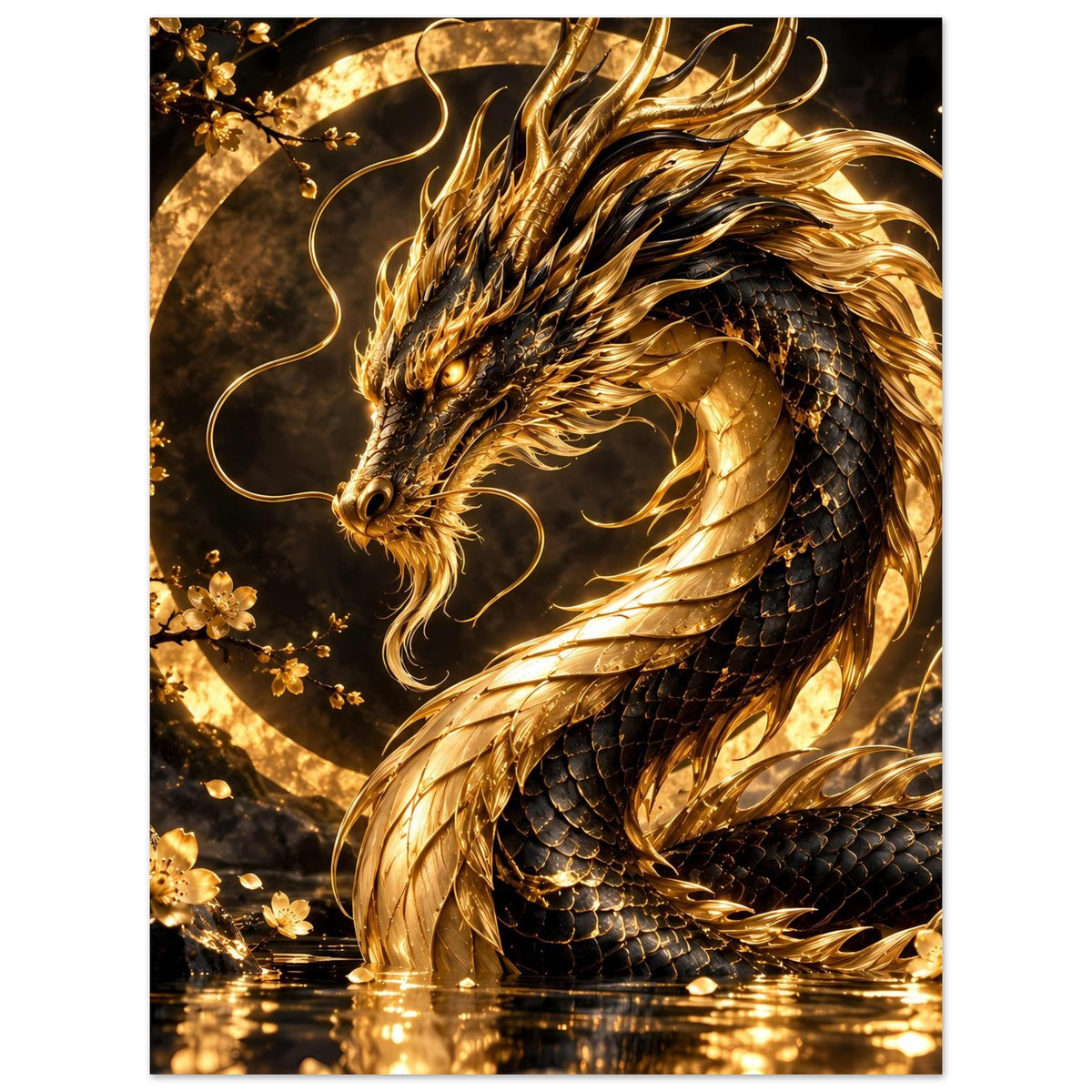 Poster mit goldener Drachenfigur, Flammenmähne, Schuppenring und leuchtendem Kreis im Motiv