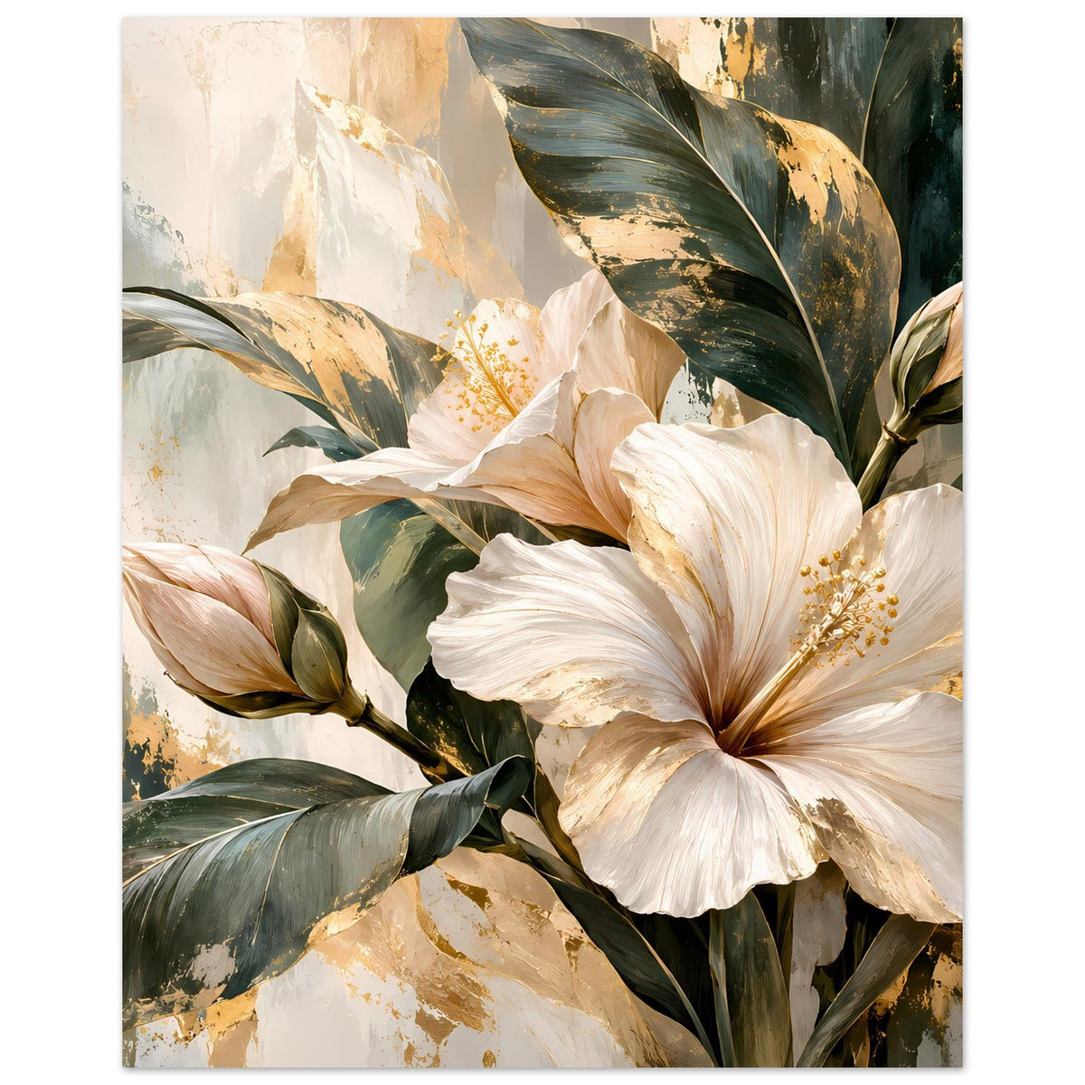 Blumenposter, hochformatig: weiße Blüten mit goldenen Akzenten und grünen Blättern